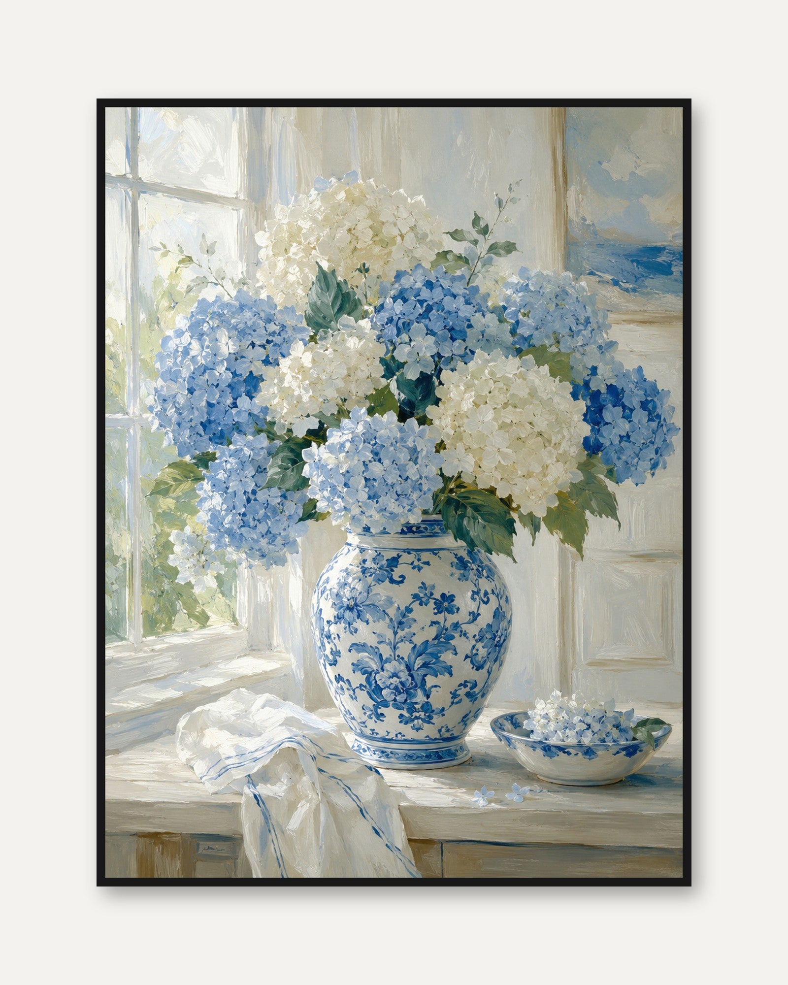 Hydrangea Wall Art – Blue White Floral Print - framed