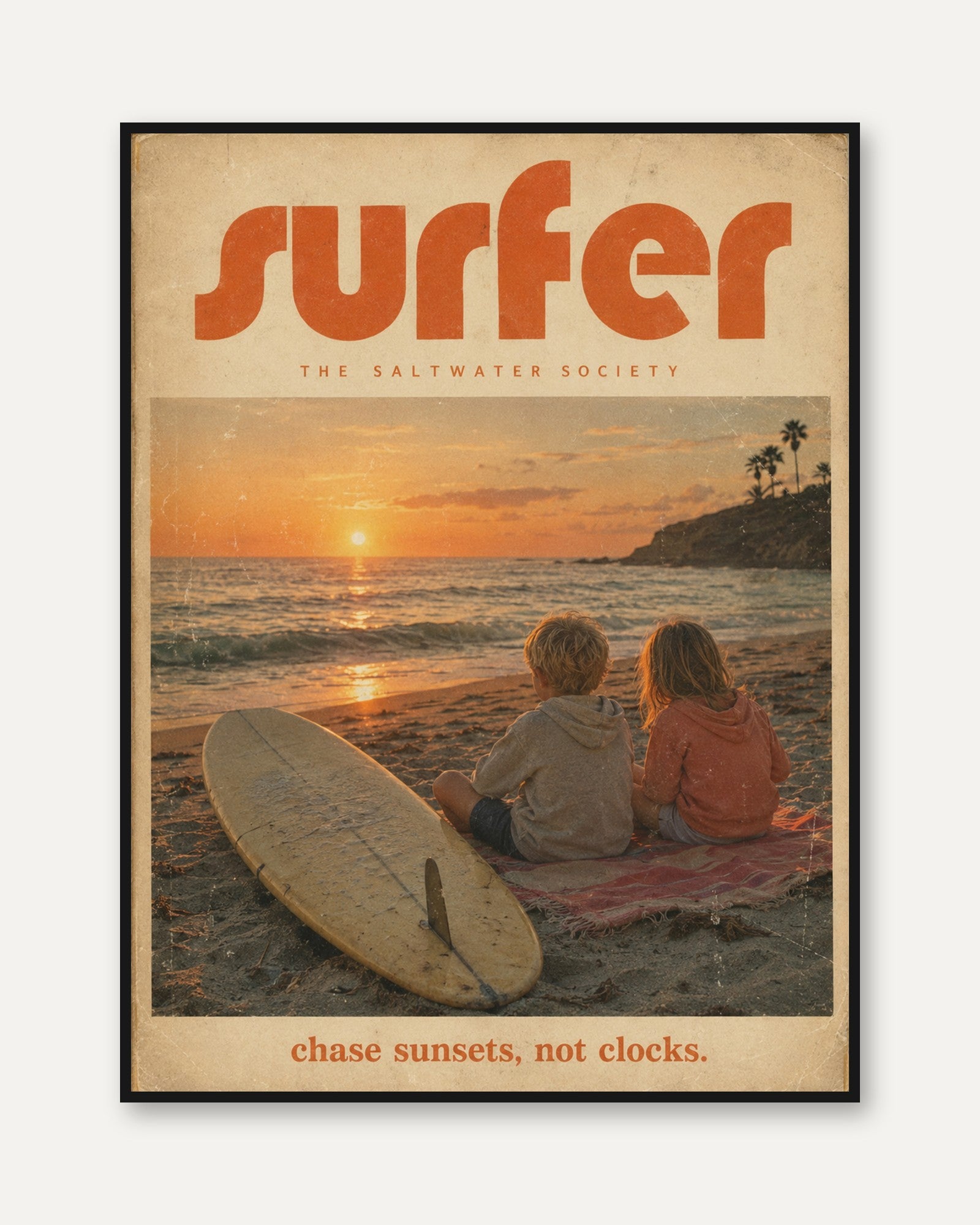 Vintage Surfer Sunset Print – Retro Beach Coastal Wall Art - framed