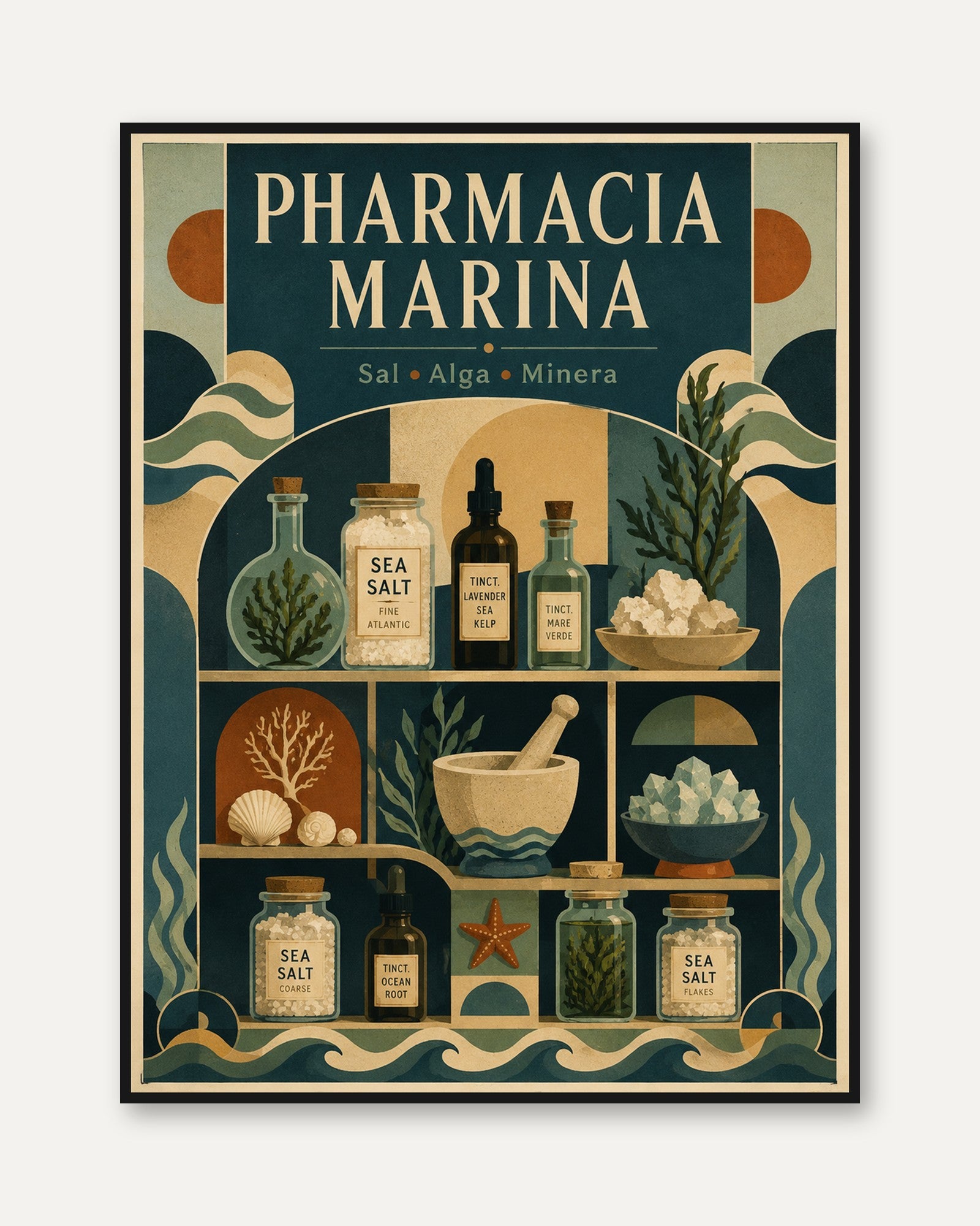 Coastal Apothecary Print: Vintage Pharmacy Art in Teal & Sage - framed