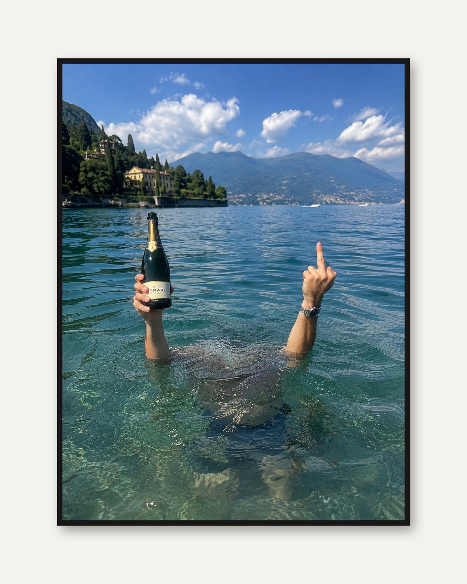 Italian Lake Life Wall Art: Champagne and Mountain Vista - framed