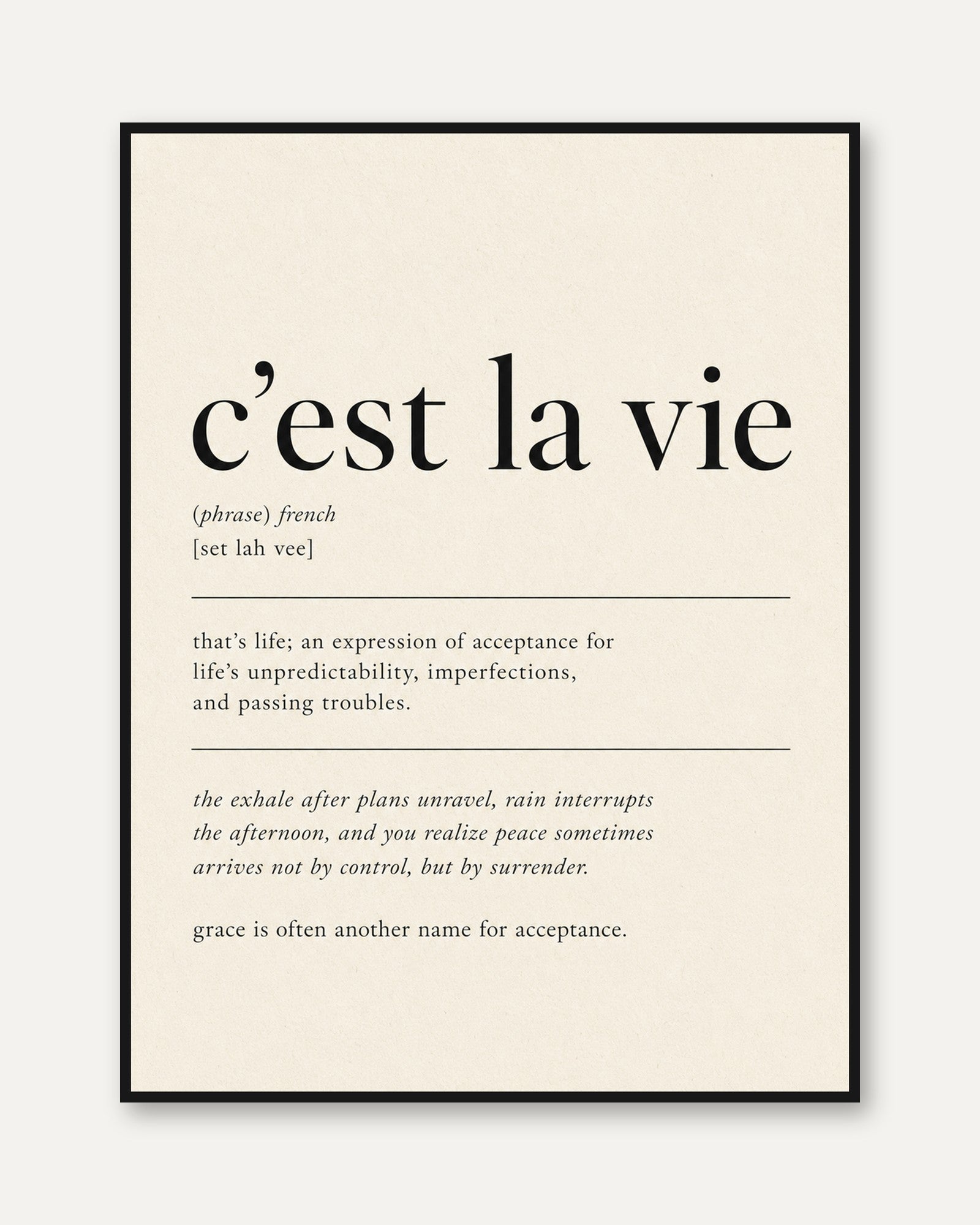 French Quote Wall Art: 'C'est La Vie' Typography - framed