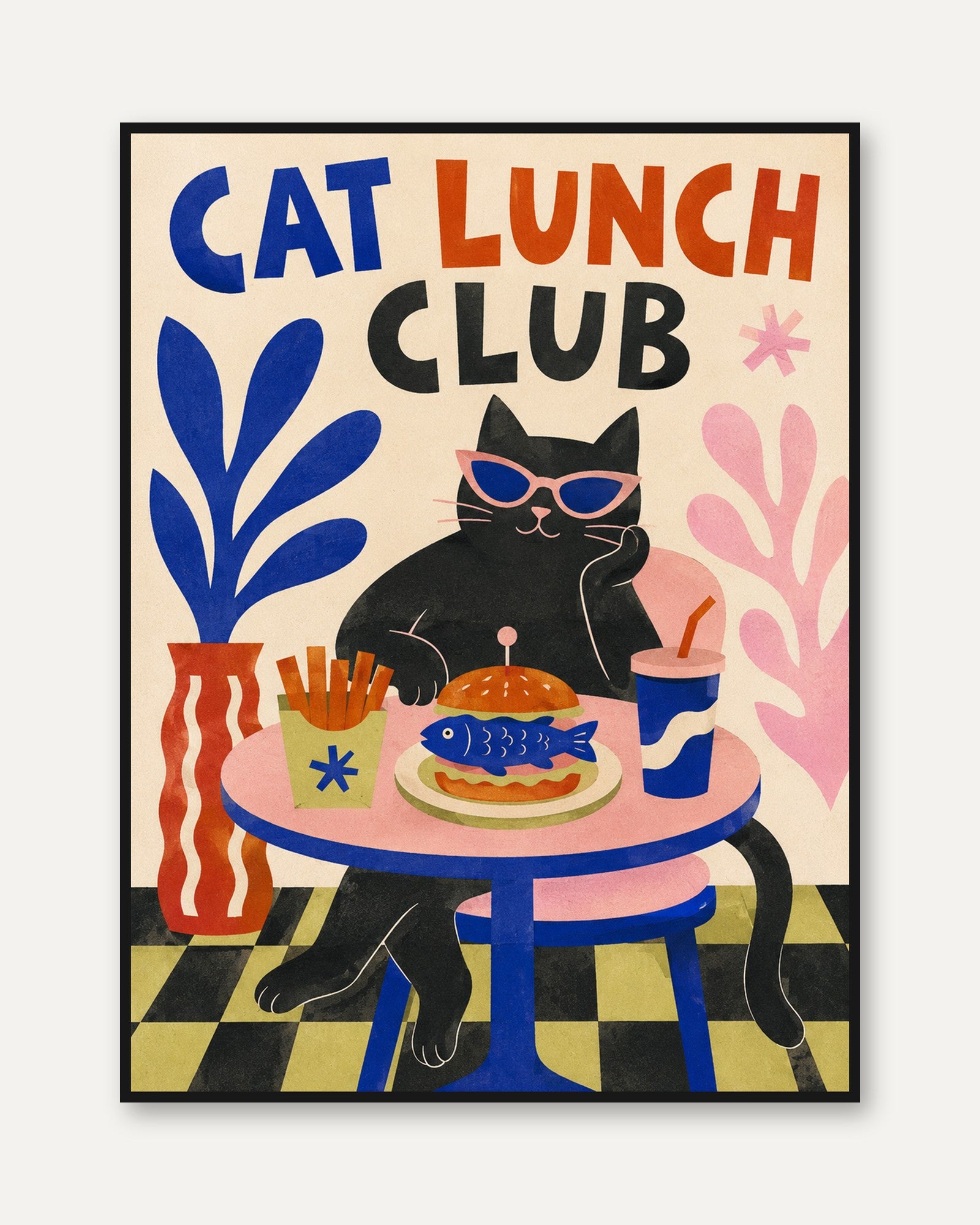 Cat Kitchen Wall Art – Retro Cat Print - framed