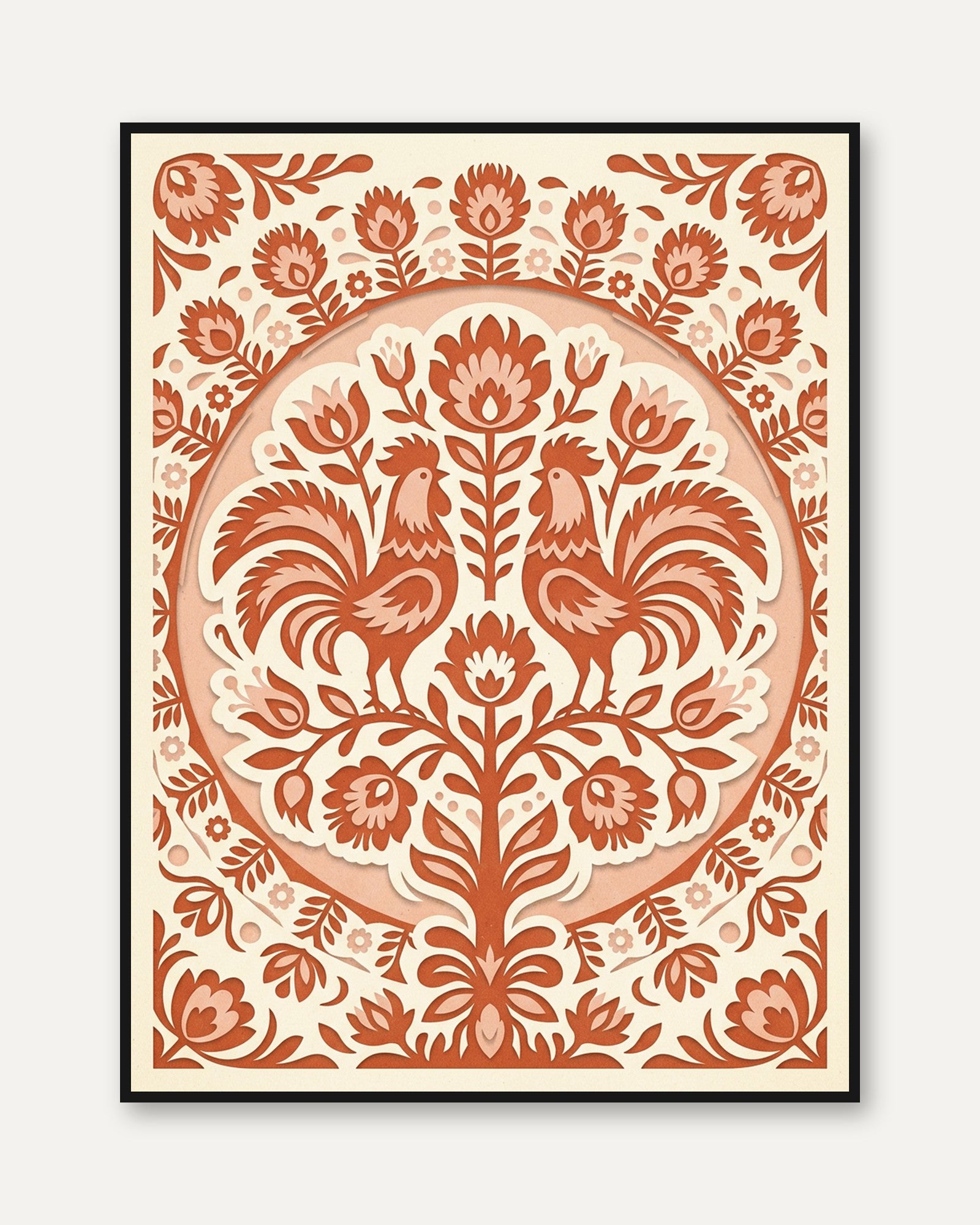 Folk Art Rooster Print: Symmetrical Terracotta Floral Design - framed