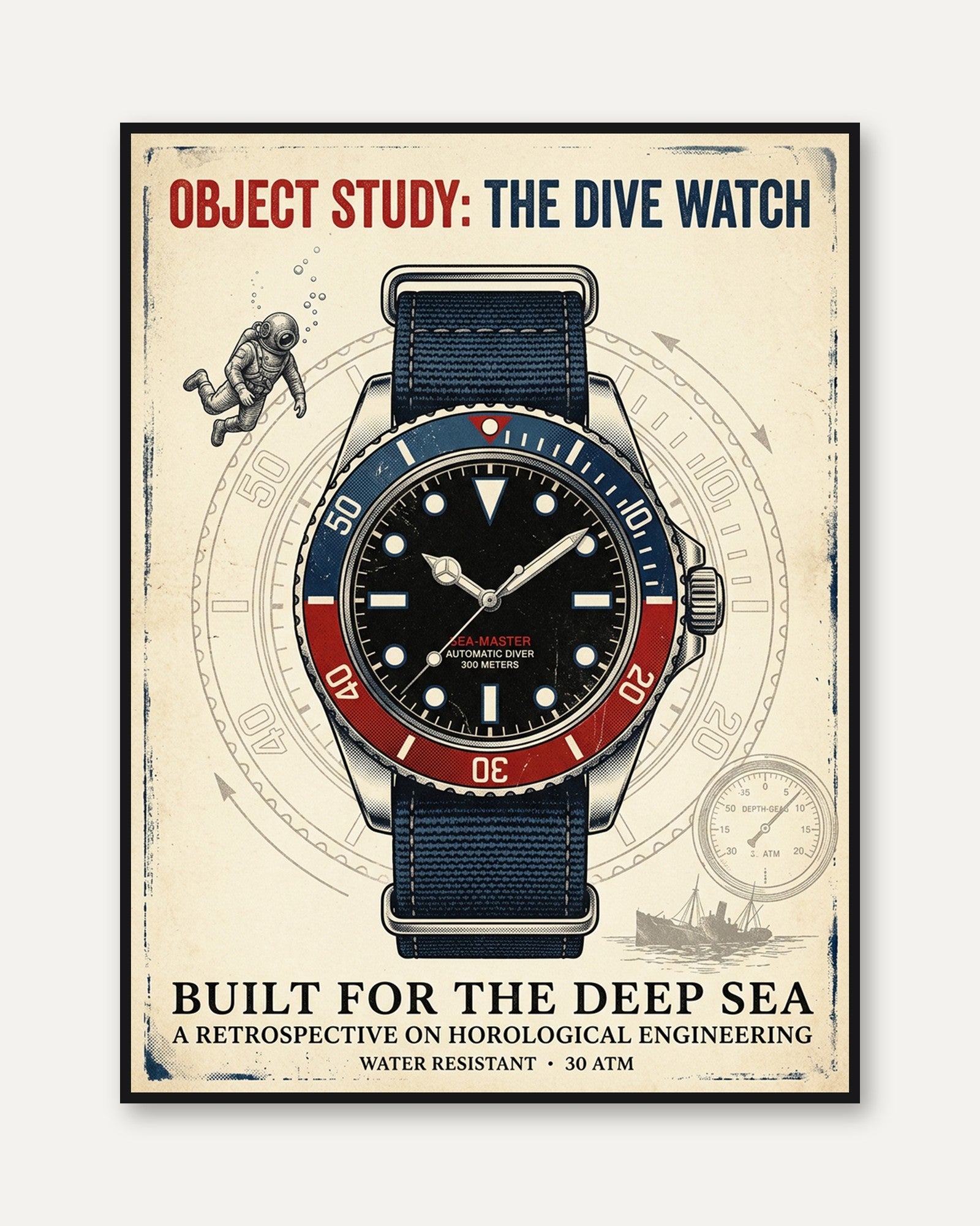 Vintage Dive Watch Poster: Retro Technical Illustration Art Print - framed