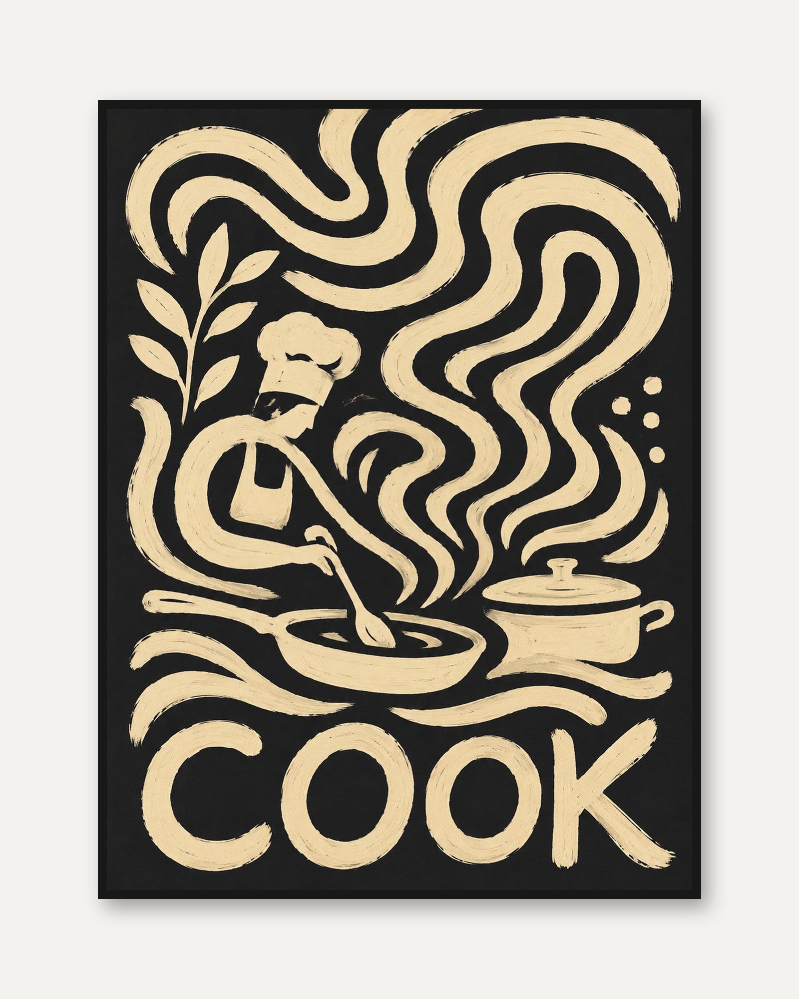 Cook Kitchen Art Print: Vintage Cream and Black Chef Design - framed