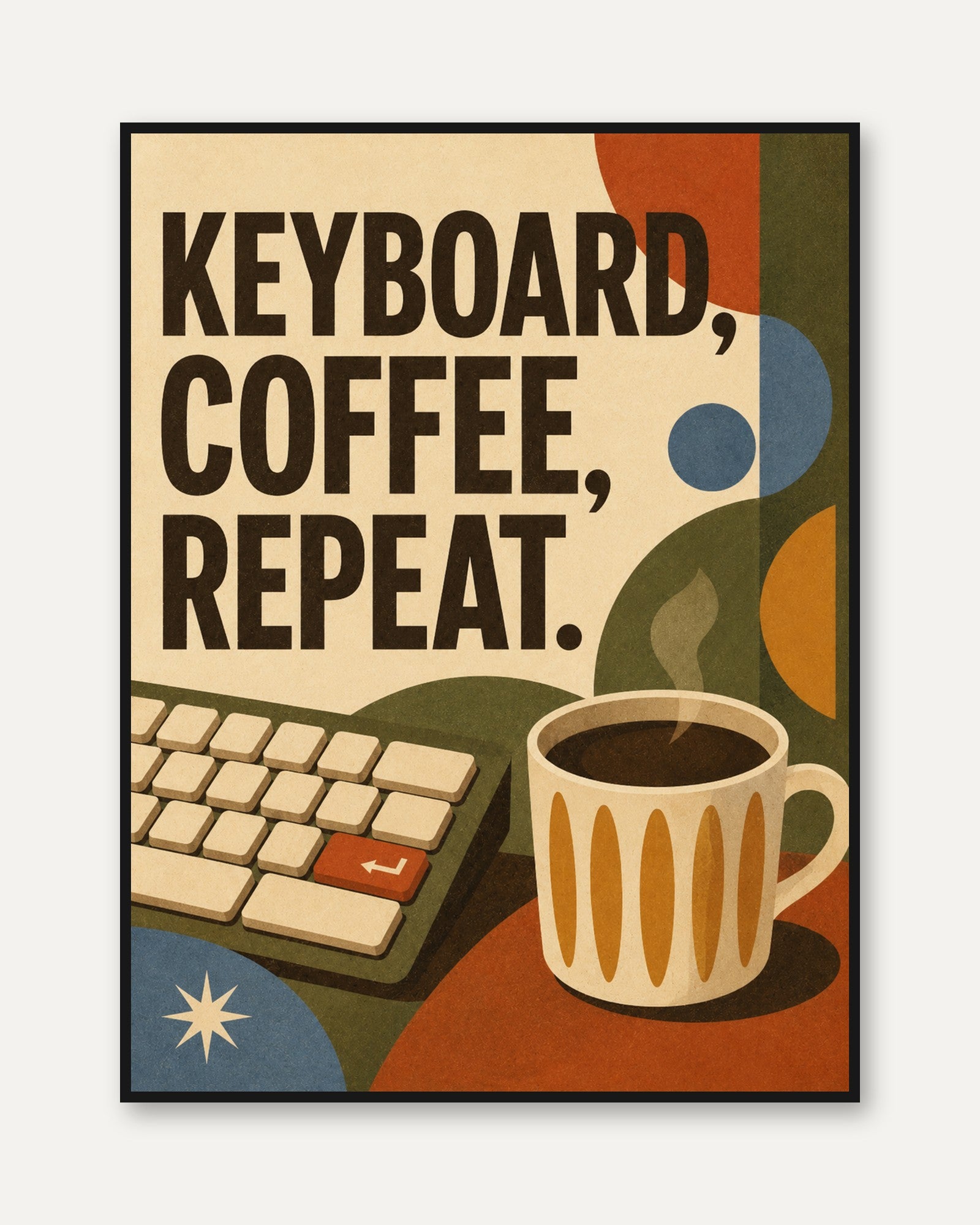 Keyboard Coffee Repeat Poster: Retro Mid-Century Office Art - framed