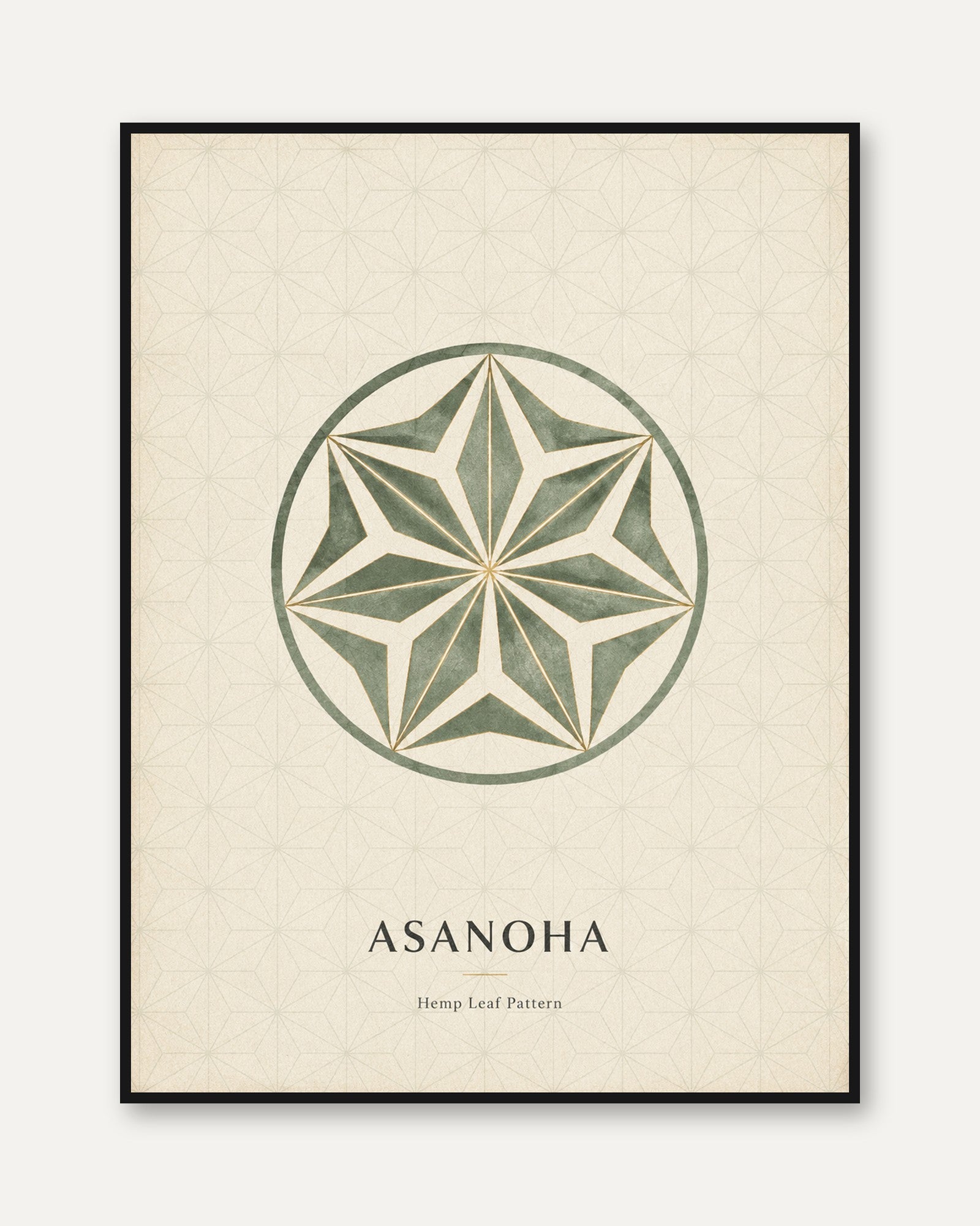 Sacred Geometry Hemp Leaf Mandala Art Print: Green and Cream - framed