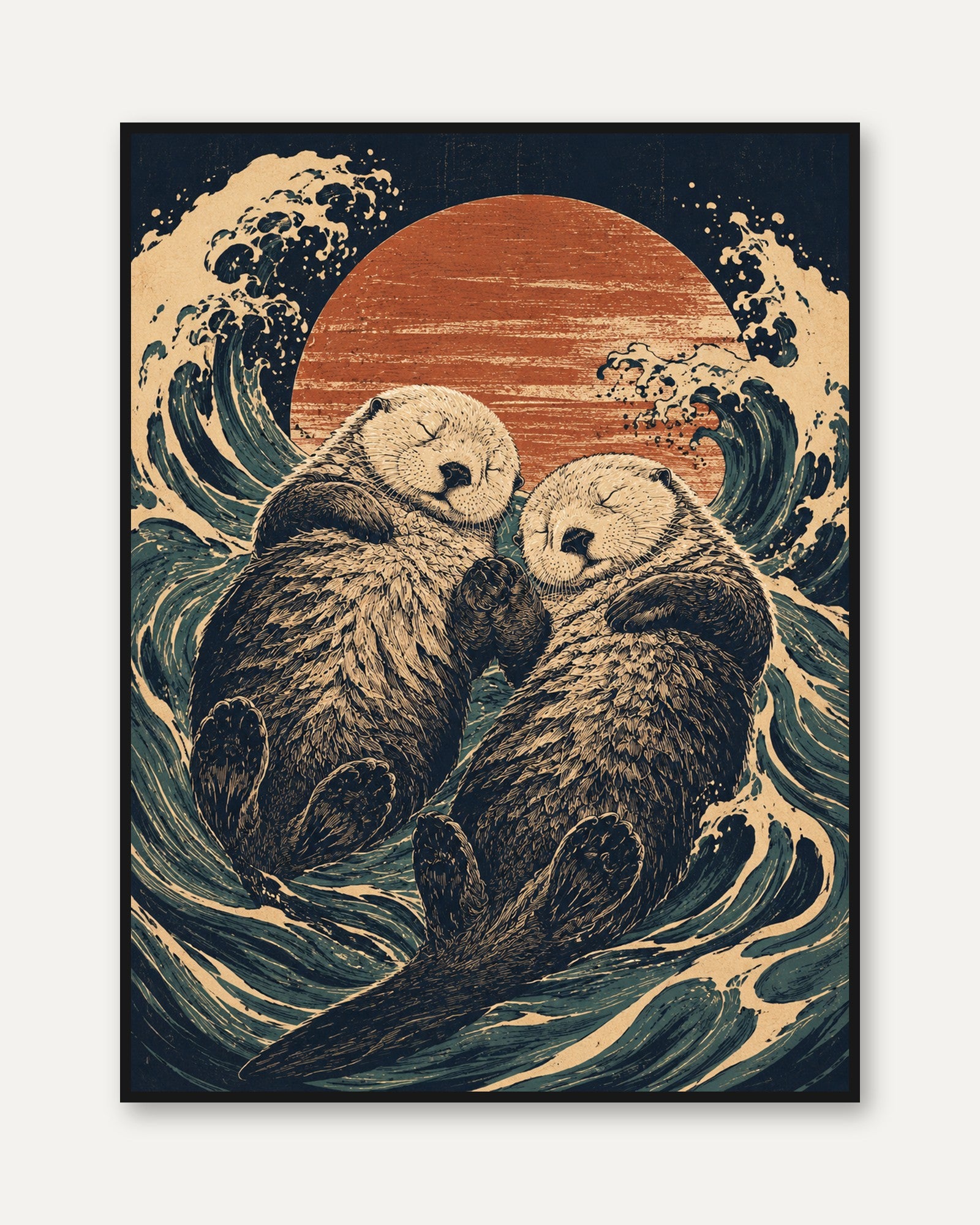 Sea Otter Art Print — Japanese Wave Style - framed