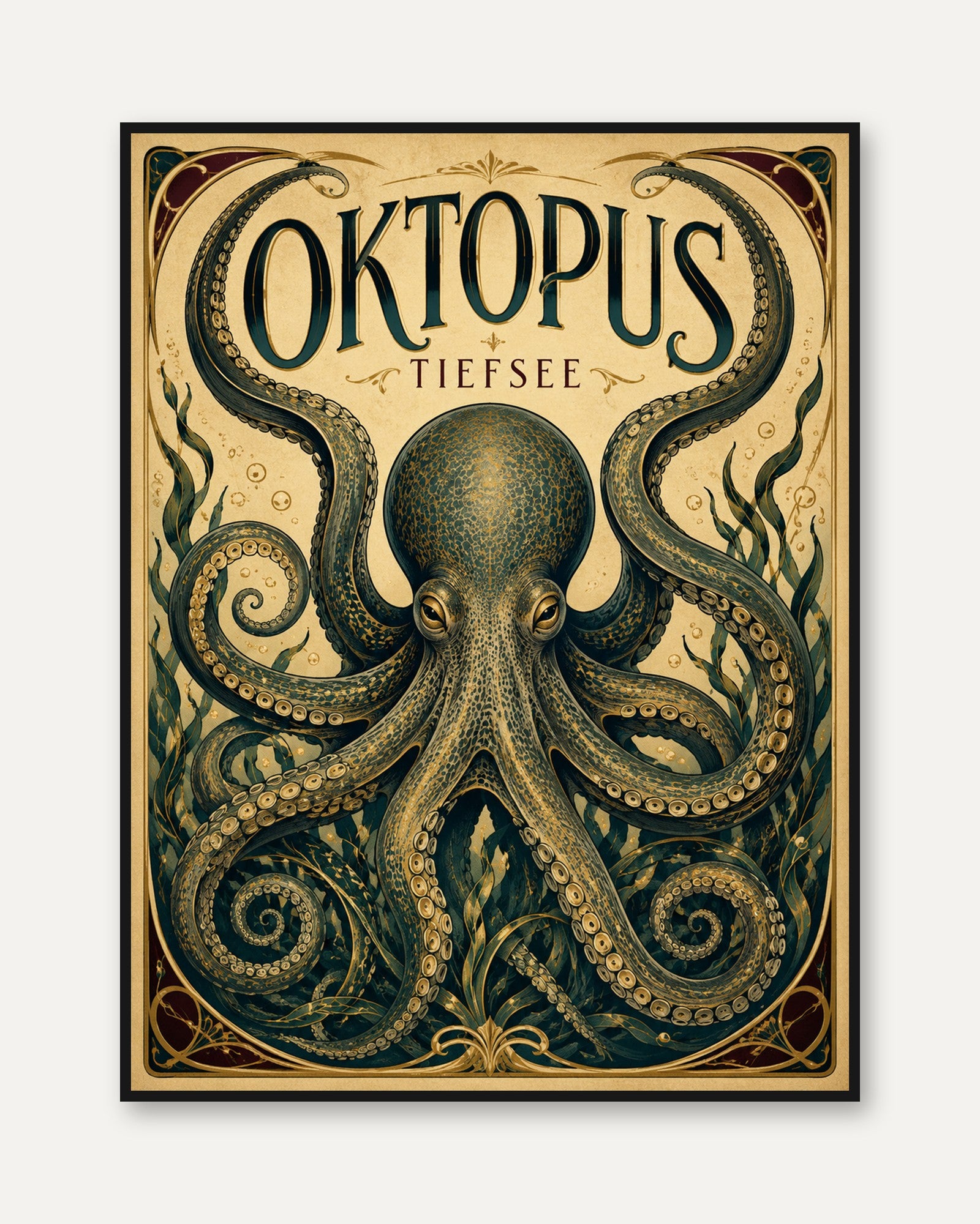 Octopus Wall Art – Vintage Sea Creature Print - framed