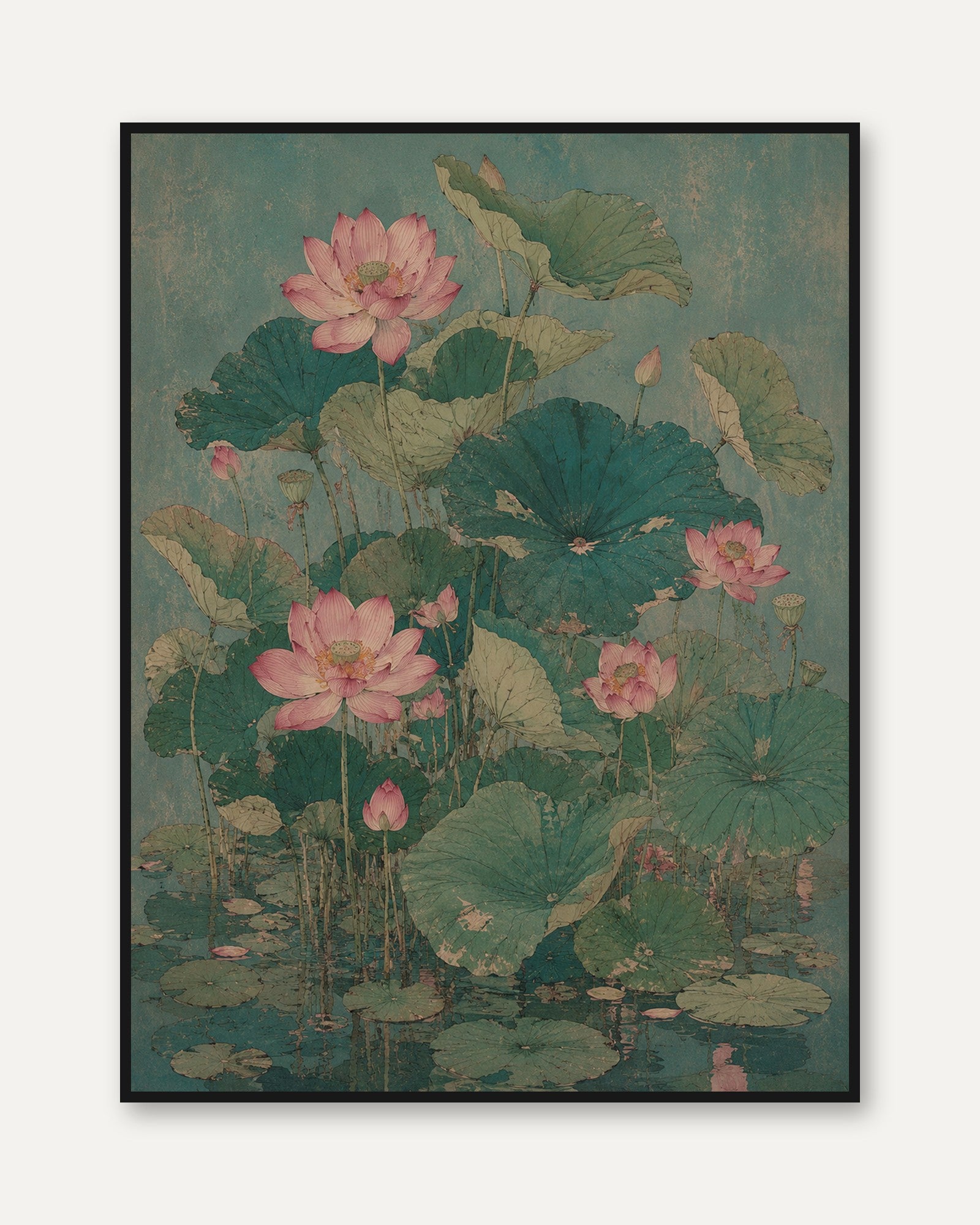 Pink Lotus Flowers Art Print: Vintage Asian Botanical Style - framed