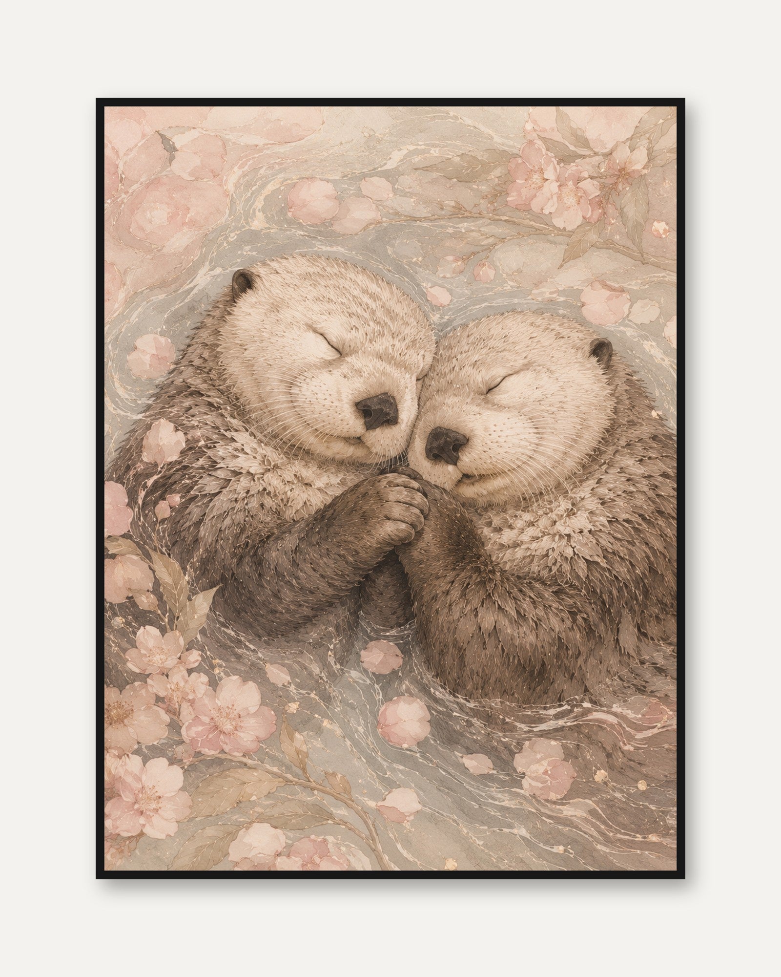 Whimsical Otter Art Print — Hand-Painted Cherry Blossom Illustration - framed