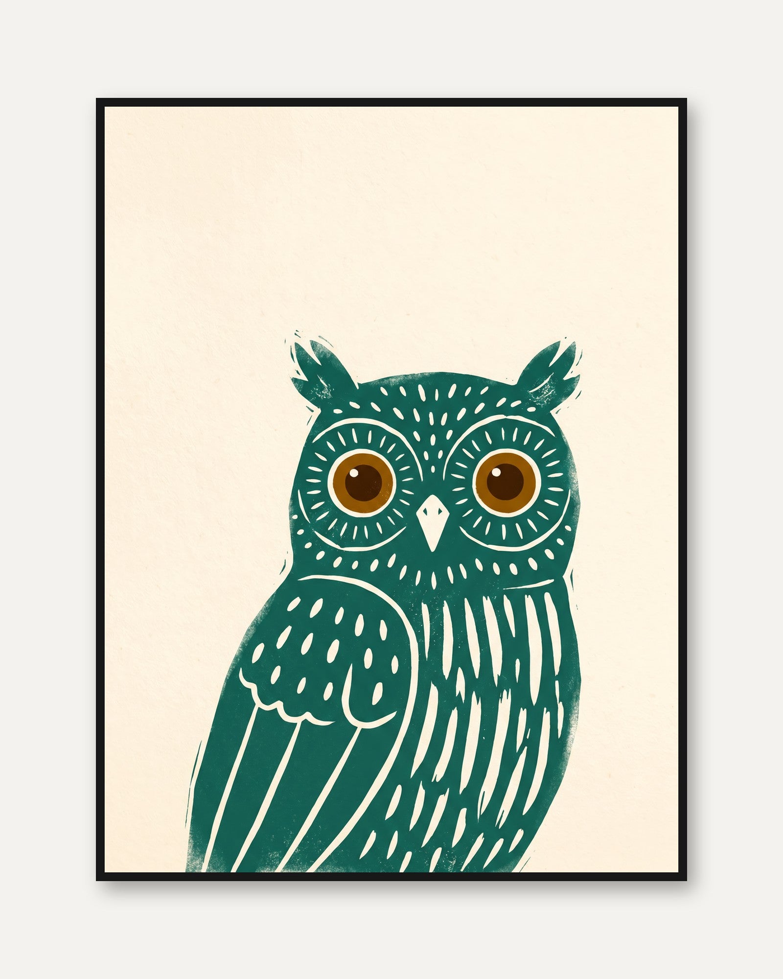 Teal Owl Art Print: Scandinavian Folk Style Nursery Decor - framed