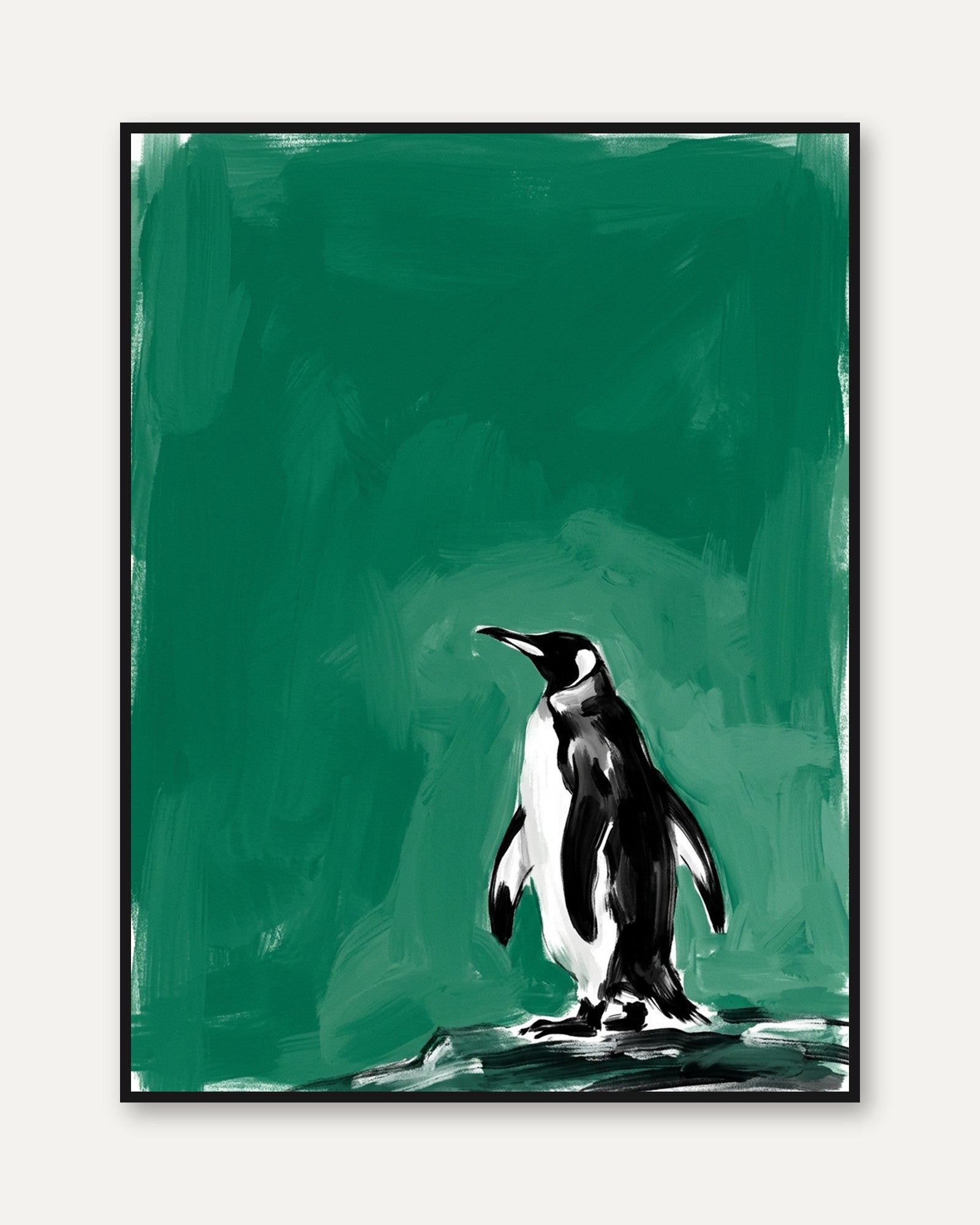 Penguin Art Print: Minimalist Black and White on Teal Green - framed