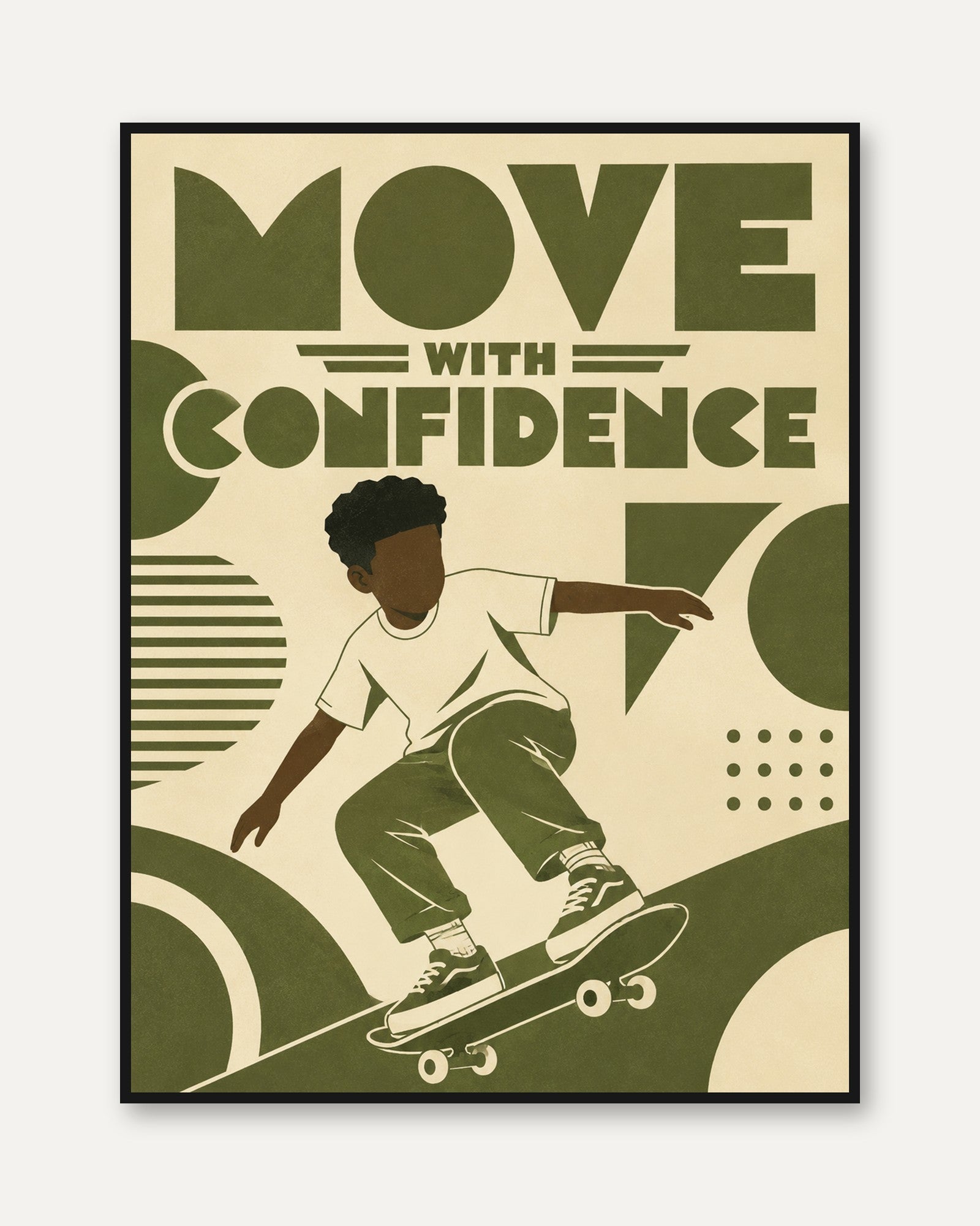 Move With Confidence Poster: Retro Skateboarder Art Deco Design - framed