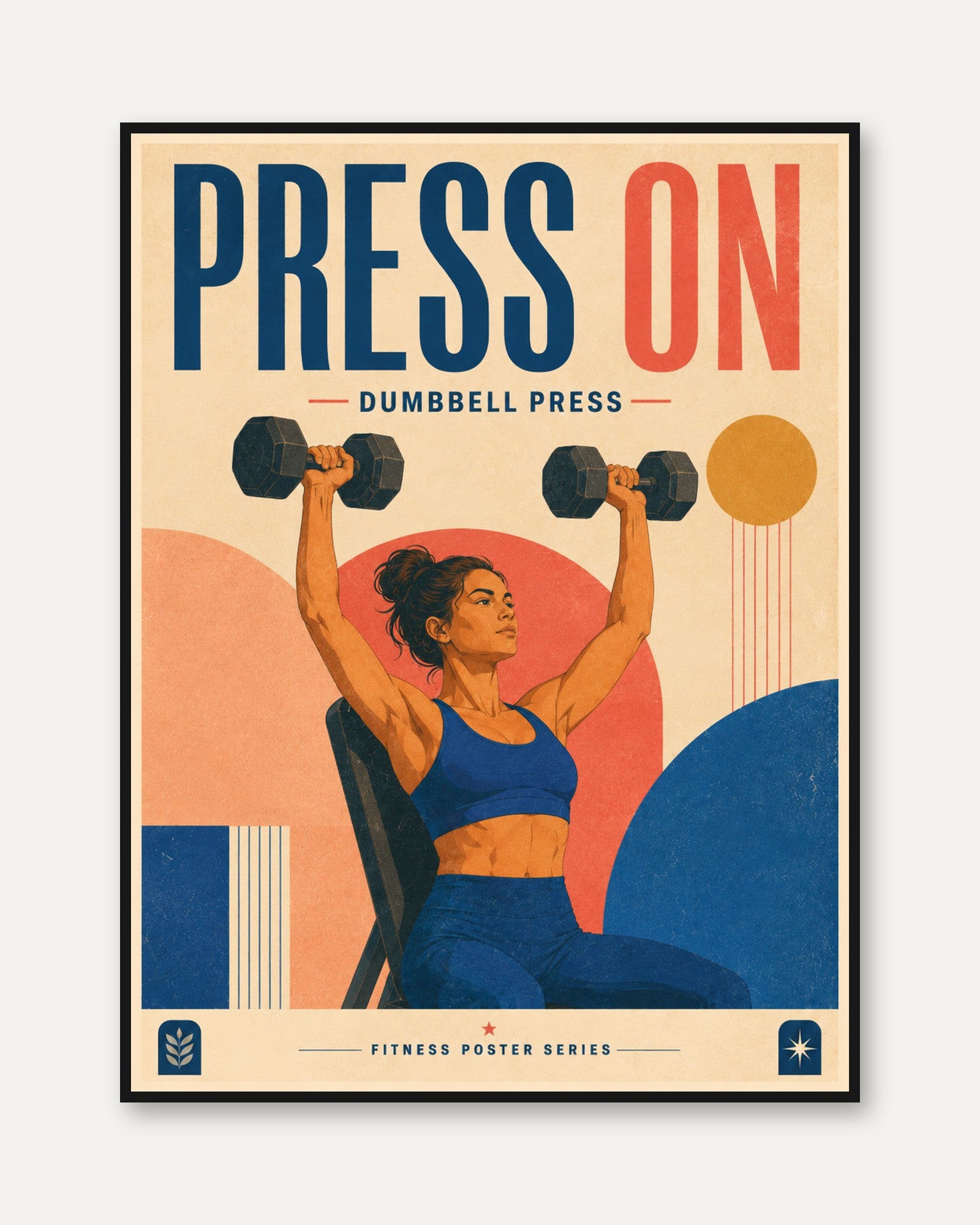 Press On Dumbbell Fitness Poster: Retro Art Deco Gym Wall Art - framed