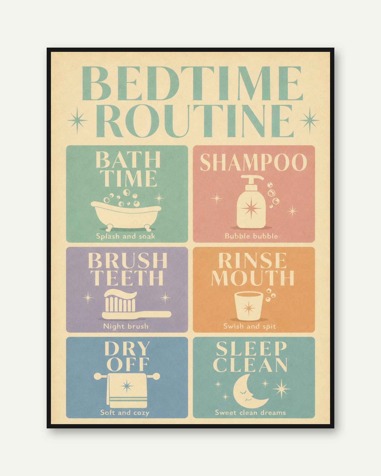 Bedtime Routine Chart: Retro Kids Wall Art (Educational Poster) - framed