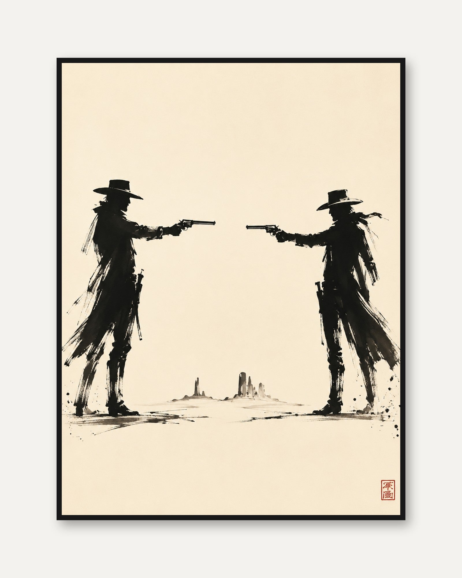 Western Duel Wall Art – Cowboy Silhouette Print - framed