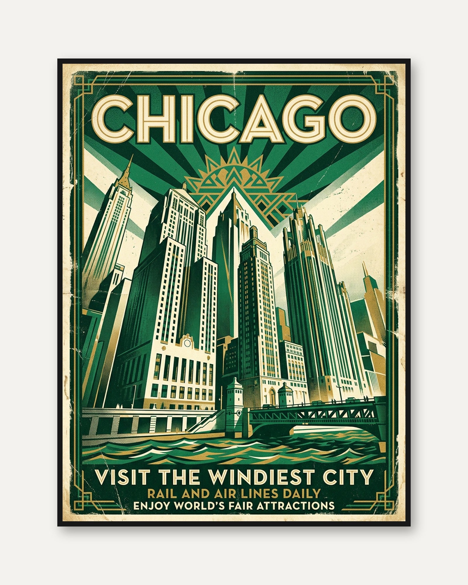 Chicago Art Deco Travel Poster — Vintage Skyline - framed