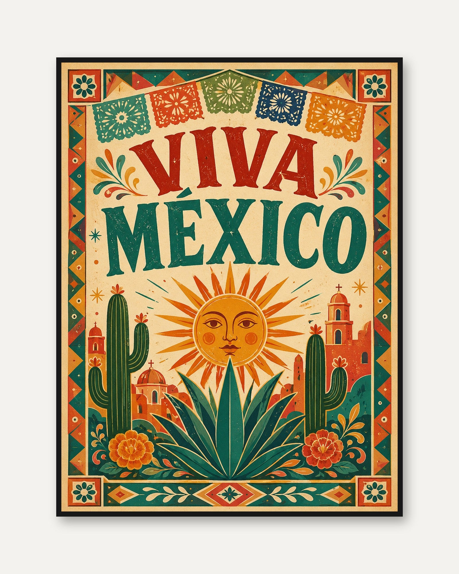 Viva Mexico Print: Festive Papel Picado Design (Boho Wall Art) - framed