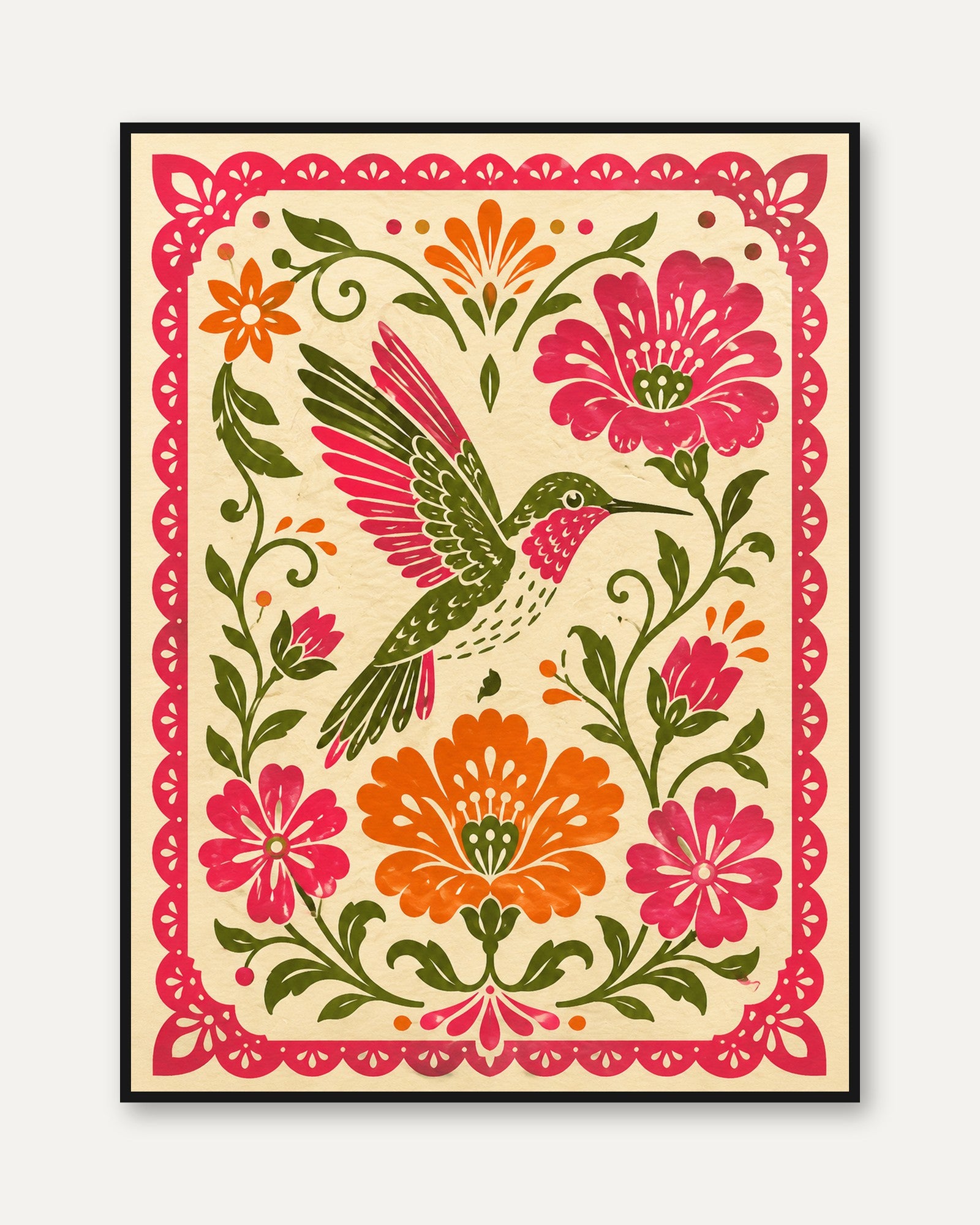 Folk Art Hummingbird Print – Floral Wall Art - framed