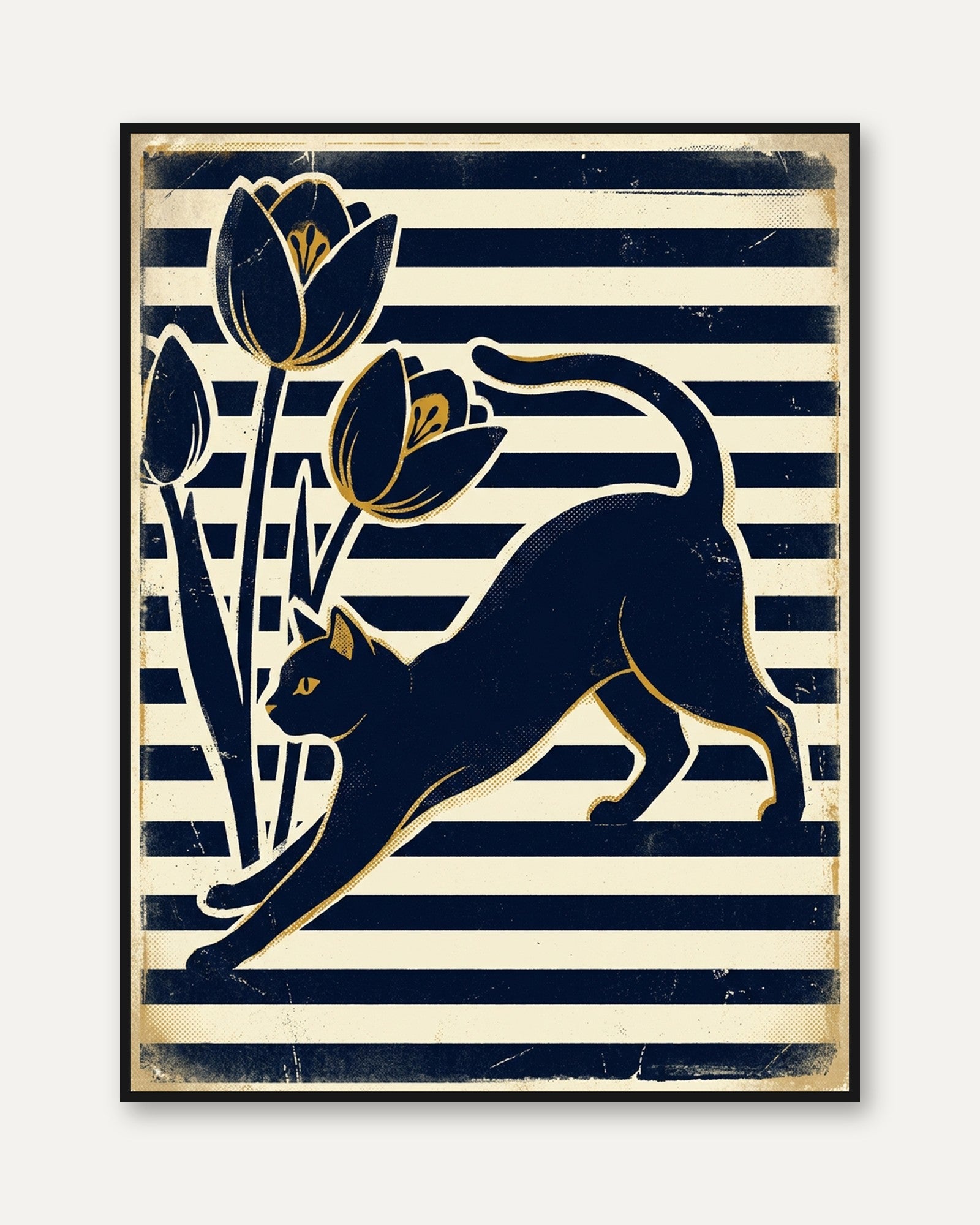 Art Deco Cat With Tulips: Navy and Gold Geometric Print - framed