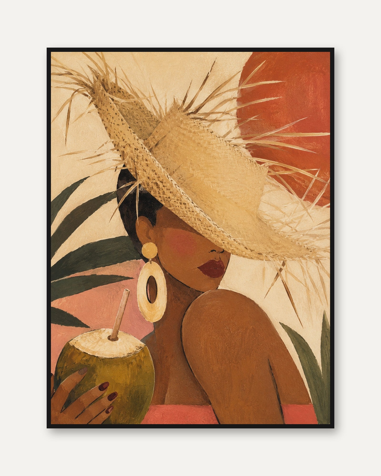 Tropical Woman Wall Art – Straw Hat Print - framed