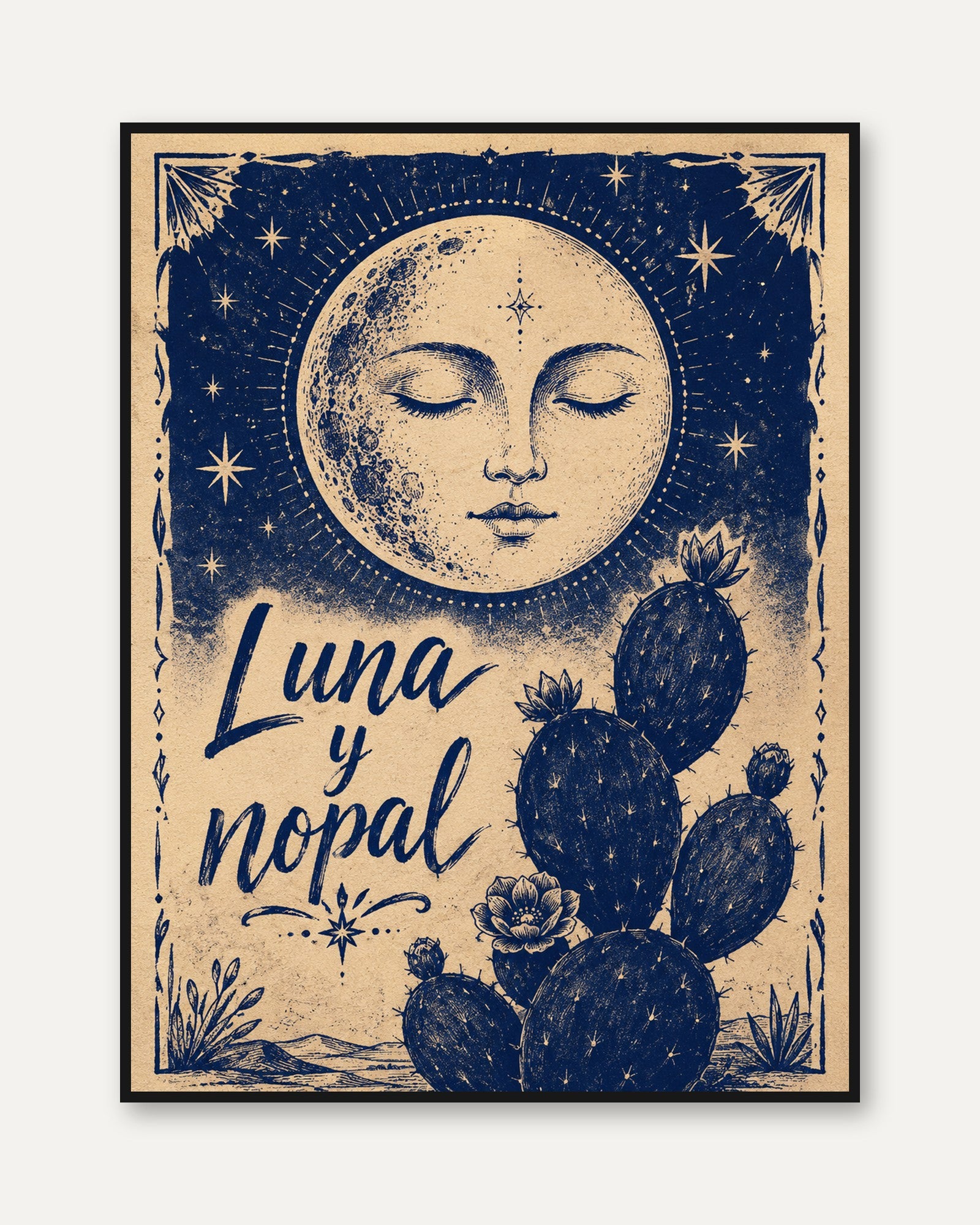 Moon Face and Cactus Wall Art: Celestial Blue Vintage Poster - framed