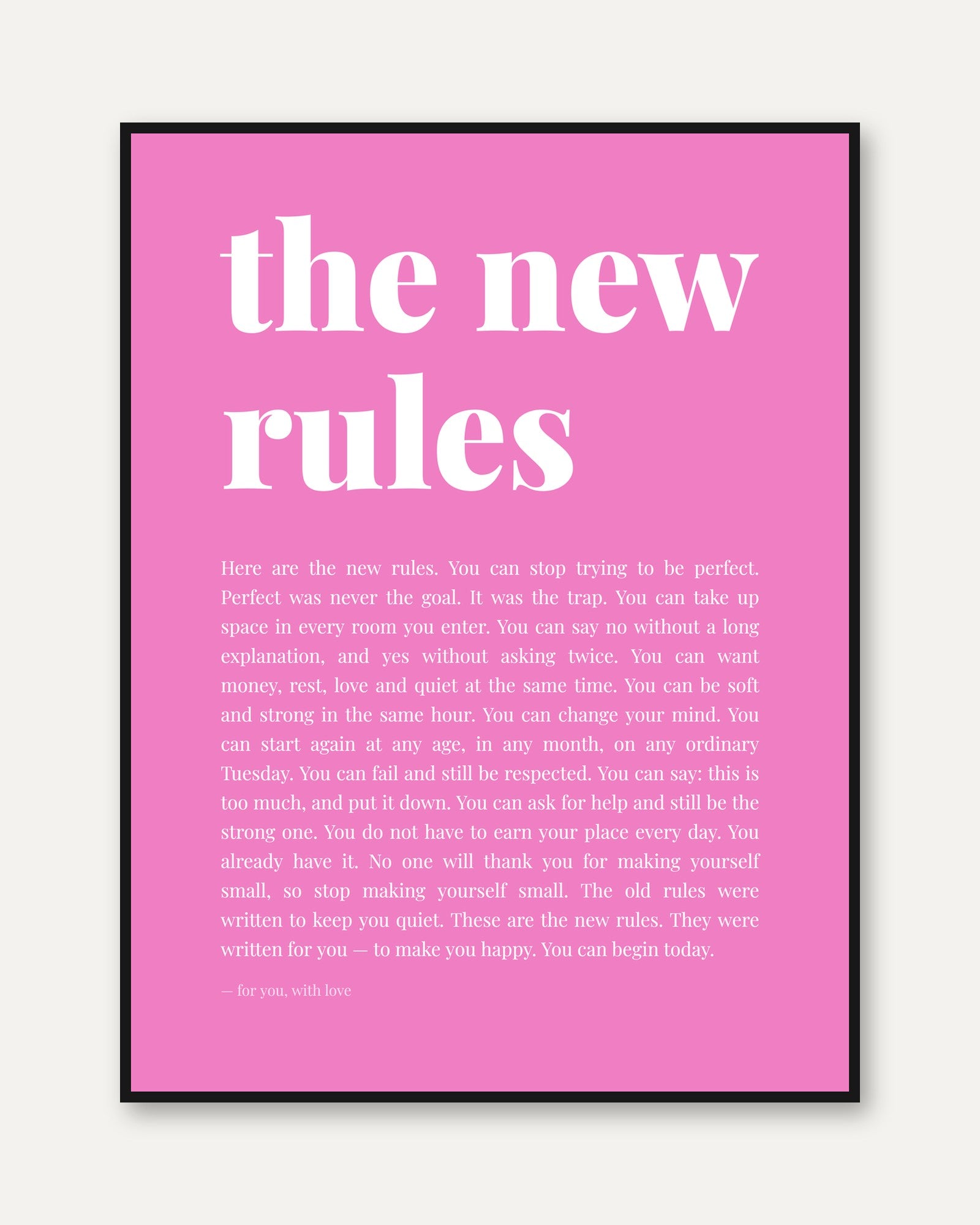 The New Rules Typography Print: Pink Motivational Wall Art - framed