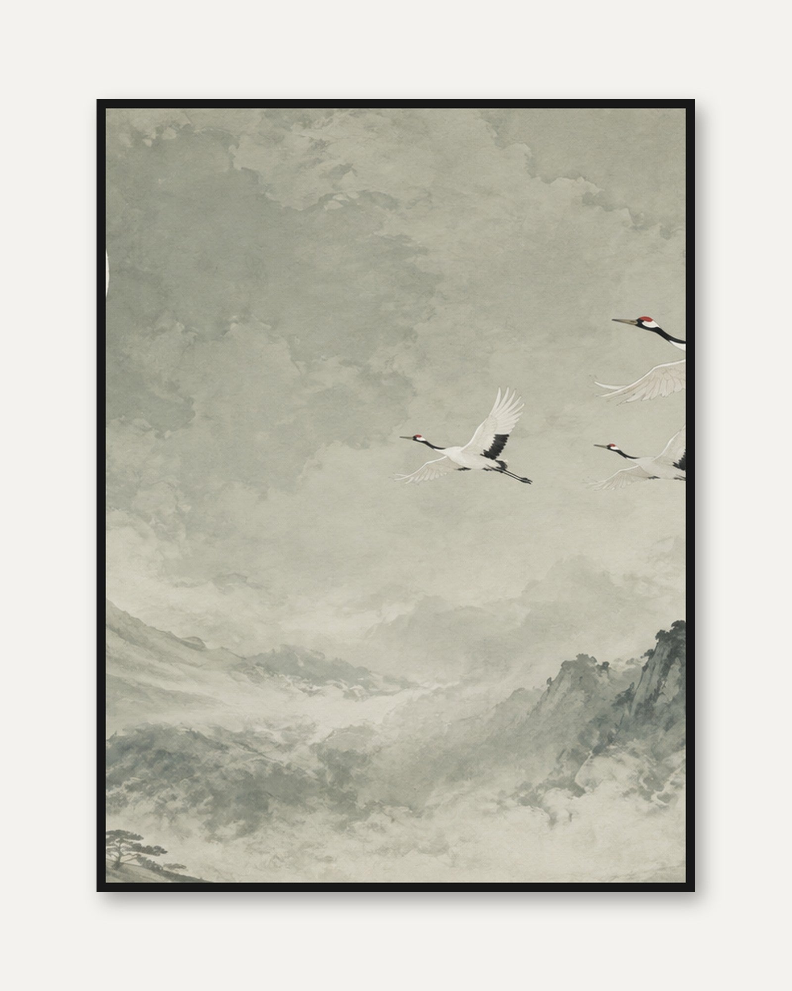 Flying Cranes Art Print: Japanese Ink Wash Mountain Landscape - framed
