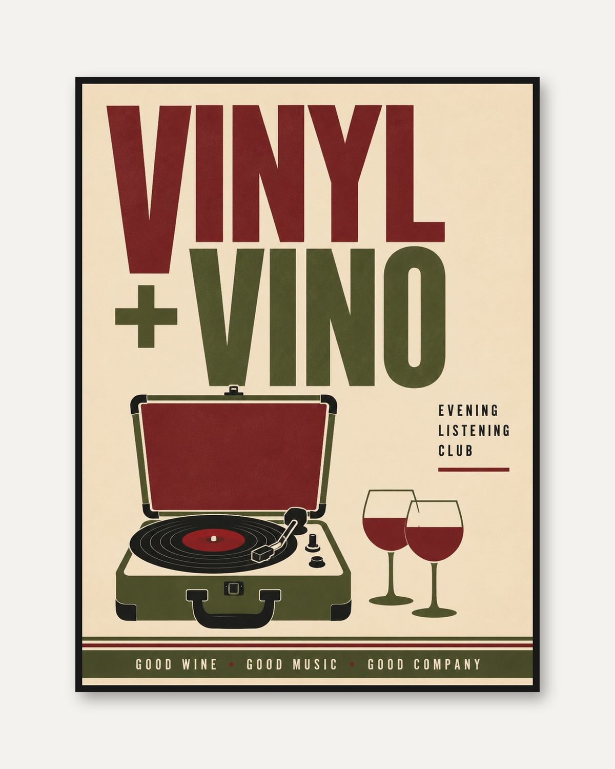 Vinyl + Vino Retro Poster — Mid-Century Music & Wine Print - framed