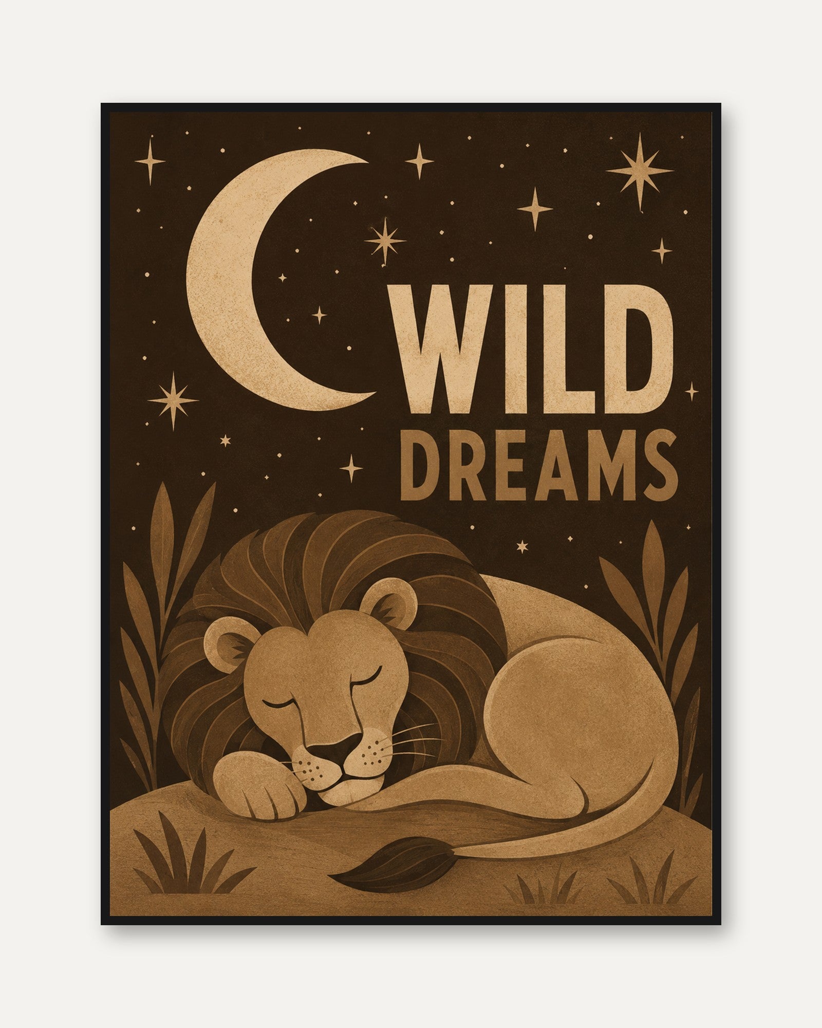 Wild Dreams Lion Art Print: Mid-Century Nursery Moon Poster - framed
