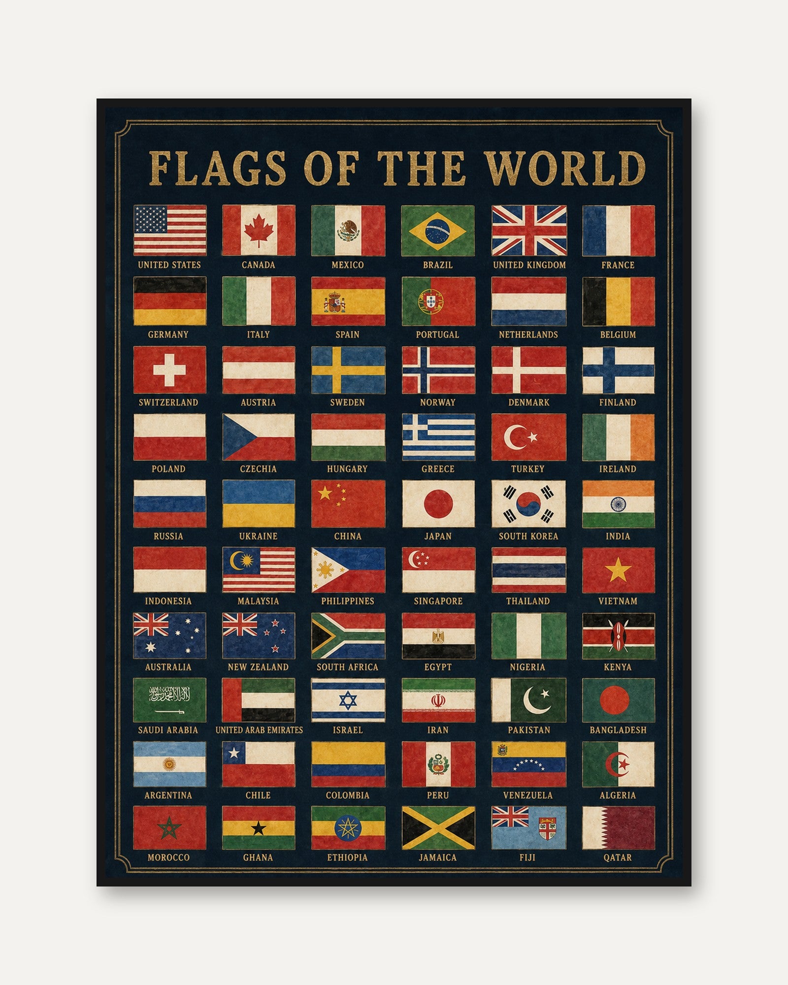 Flags of the World Poster: Vintage Educational Chart Wall Art - framed