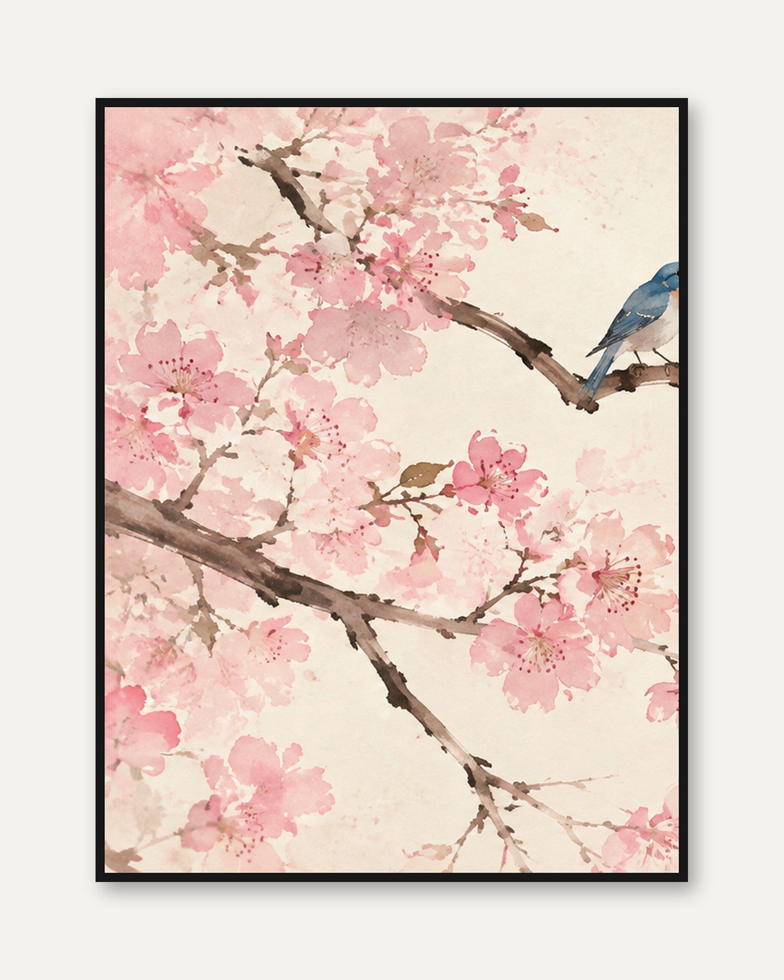 Cherry Blossom Bird Art Print: Watercolor Pink Floral Design - framed