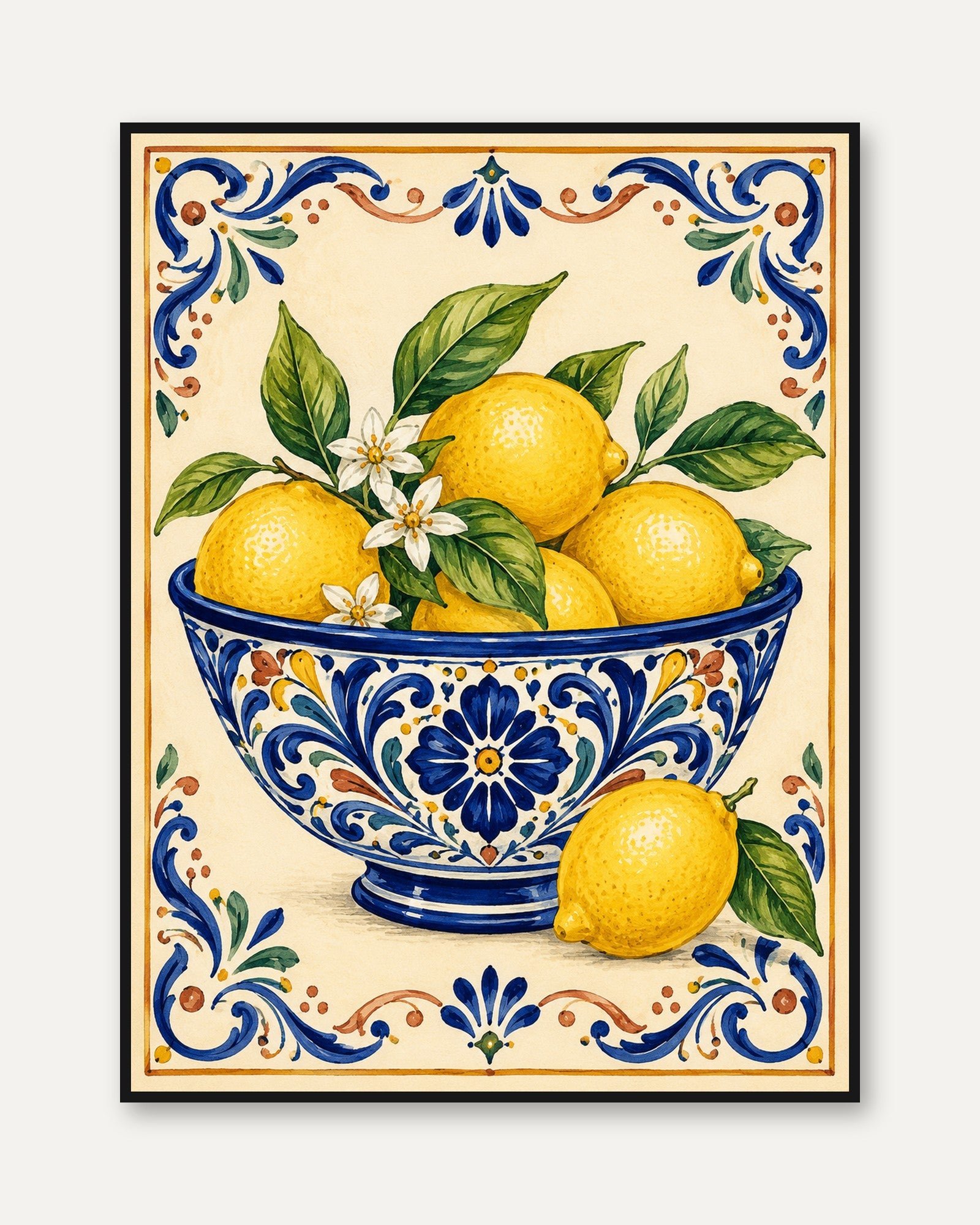 Lemon Kitchen Wall Art – Italian Tile Print - framed