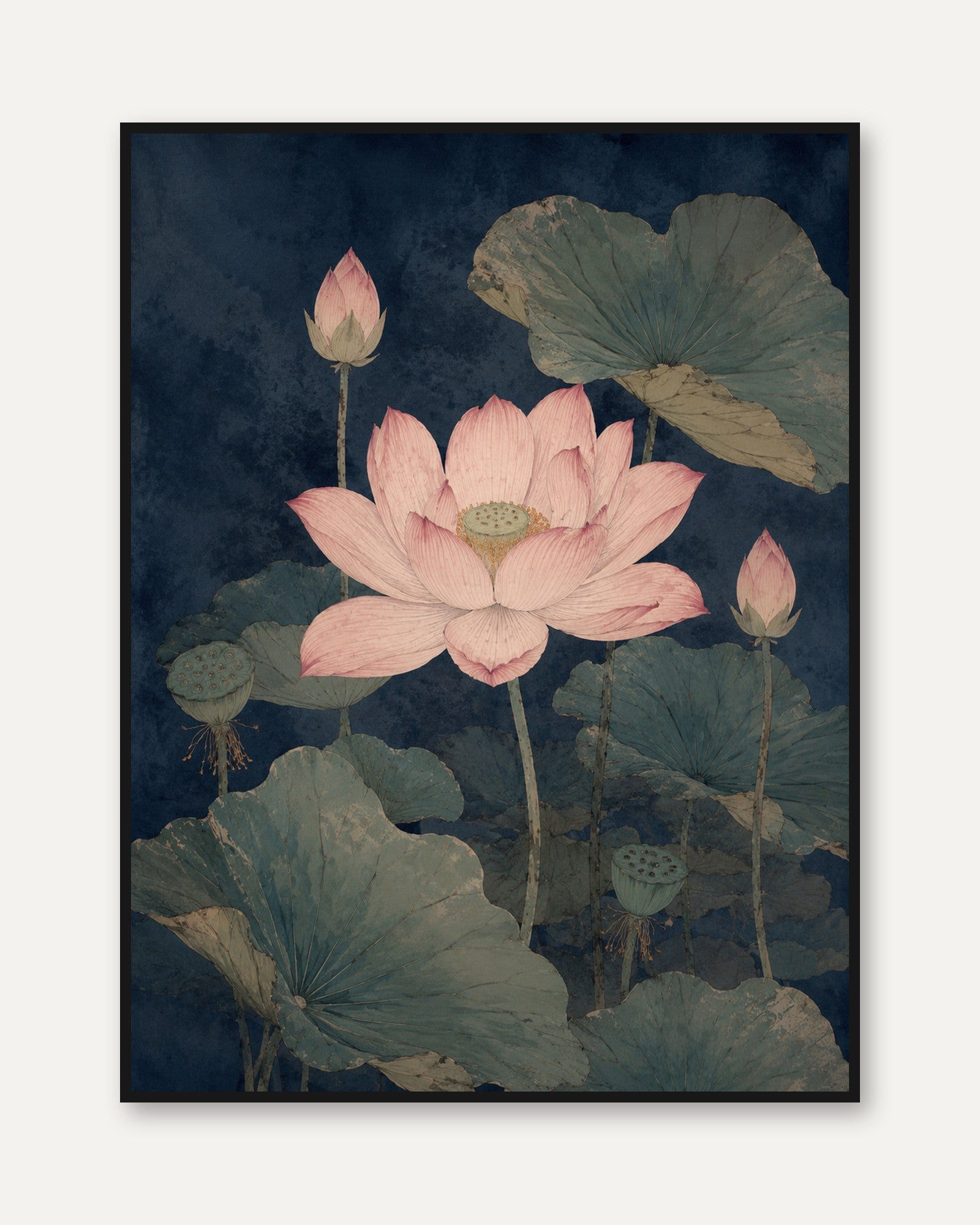 Lotus Flower Botanical Print — Vintage Asian-Inspired Water Lily - framed