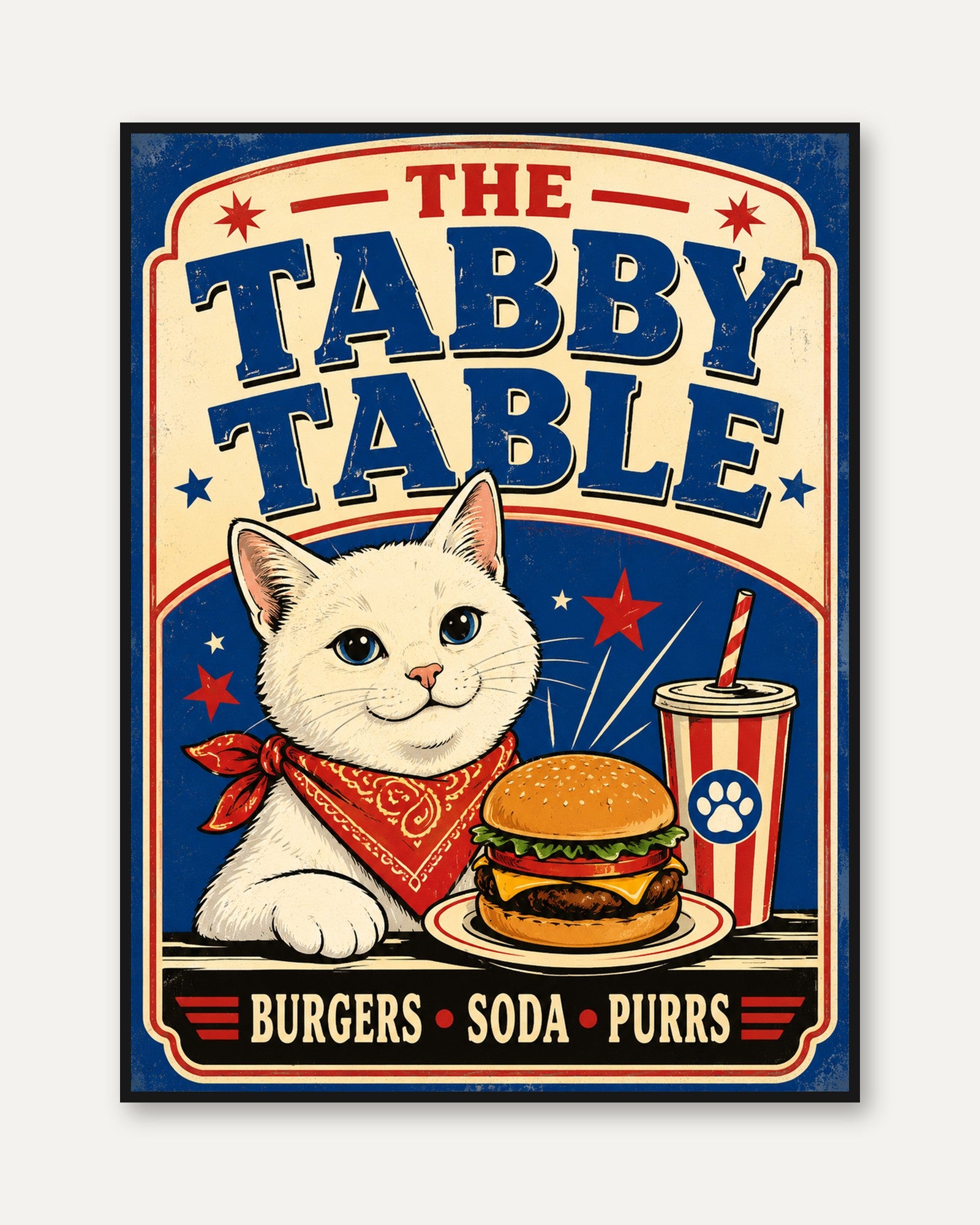 Retro Diner Cat Burger Print - framed