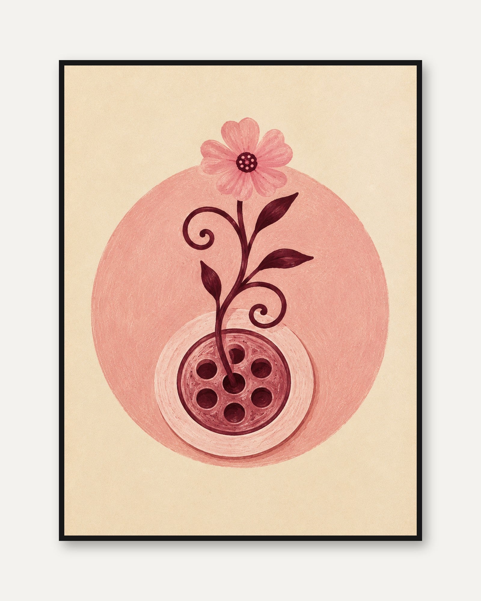 Folk Art Flower Print – Pink Botanical Wall Art - framed