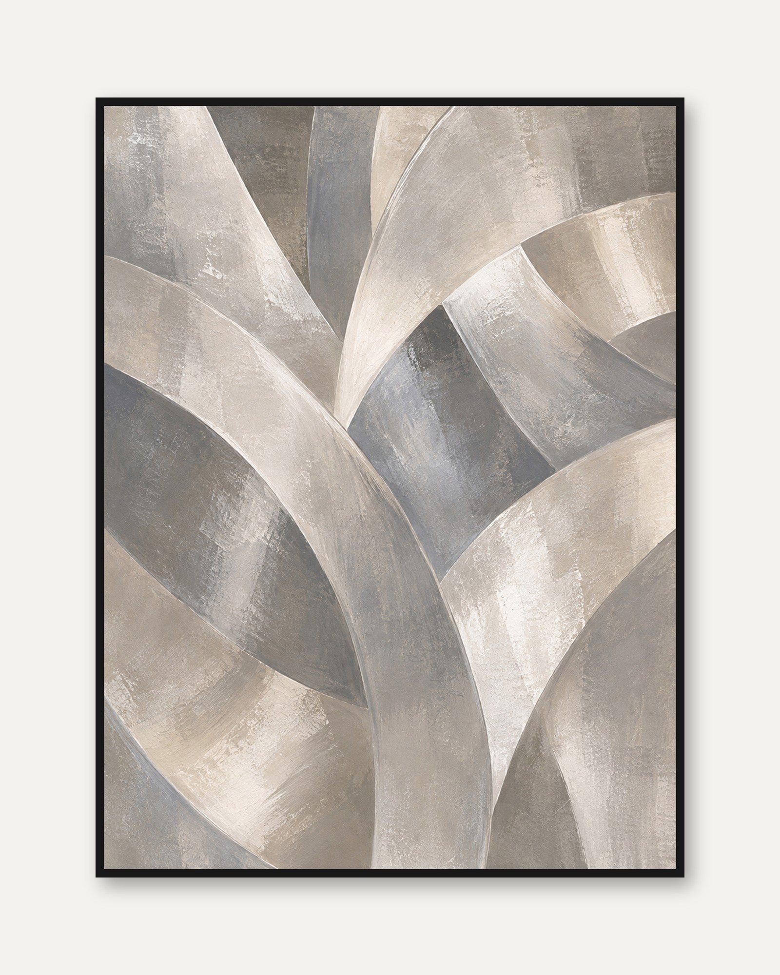 Abstract Curved Ribbons Wall Art: Neutral Beige and Gray Forms - framed