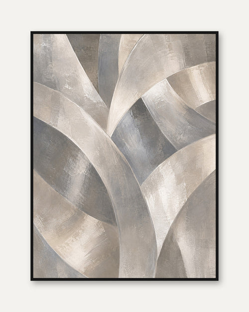 Abstract Curved Ribbons Wall Art: Neutral Beige and Gray Forms - framed