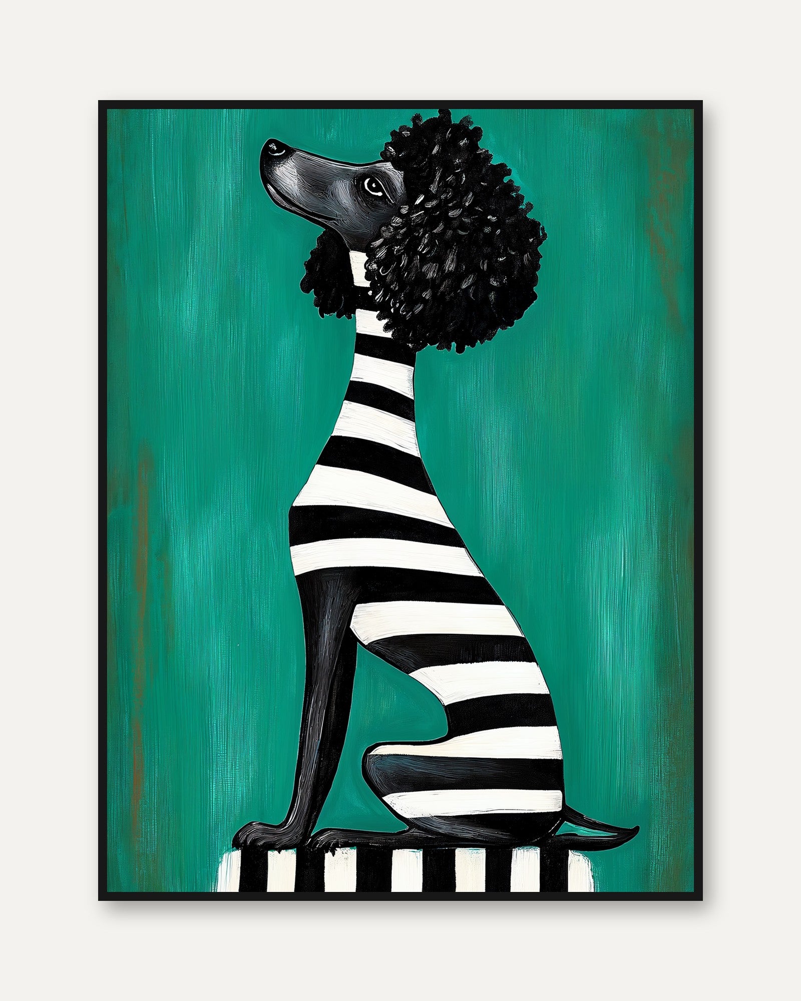 Black Poodle Wall Art Print: Striped Shirt - framed