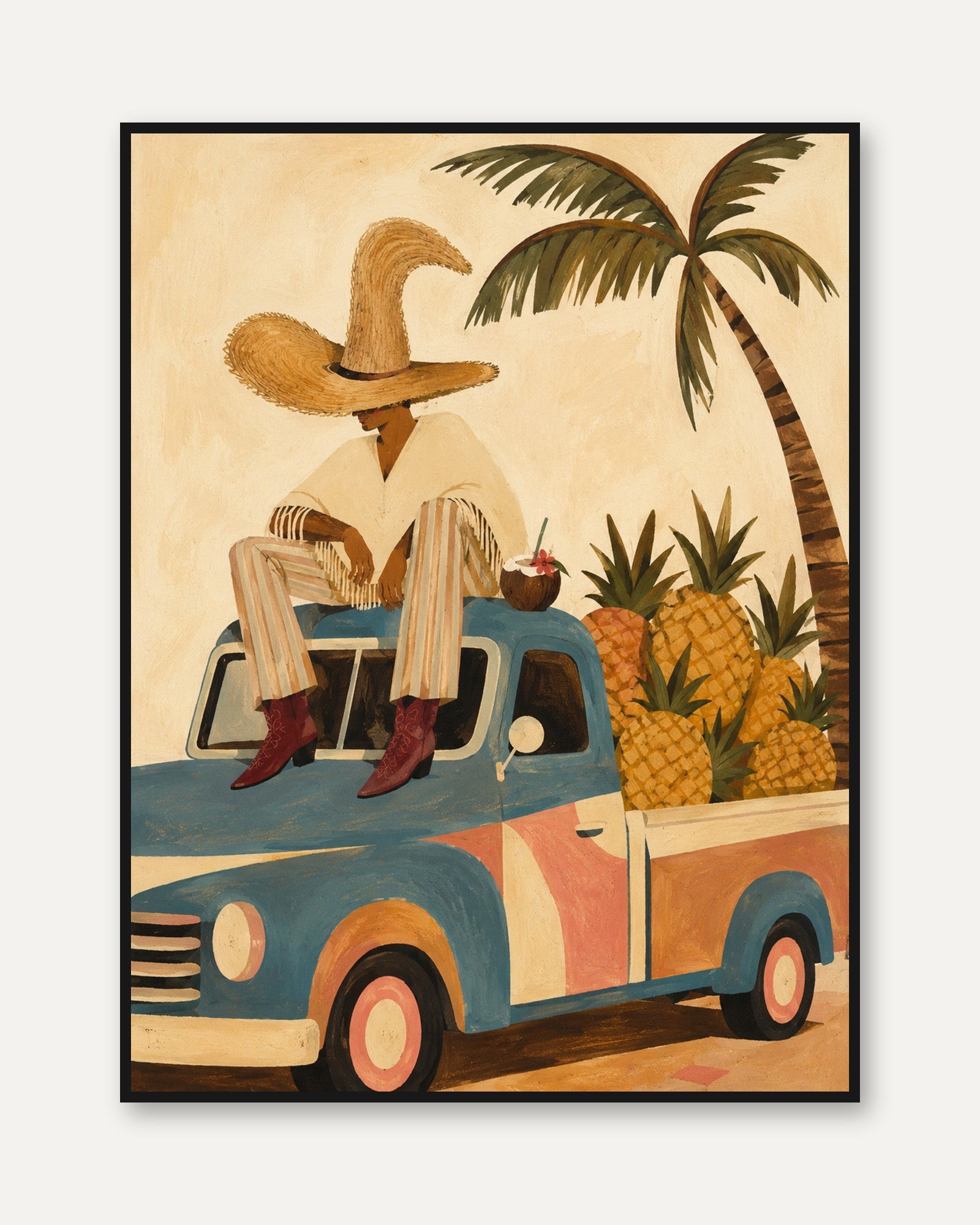 Vintage Tropical Truck Print: Retro Blue Pickup with Pineapples - framed