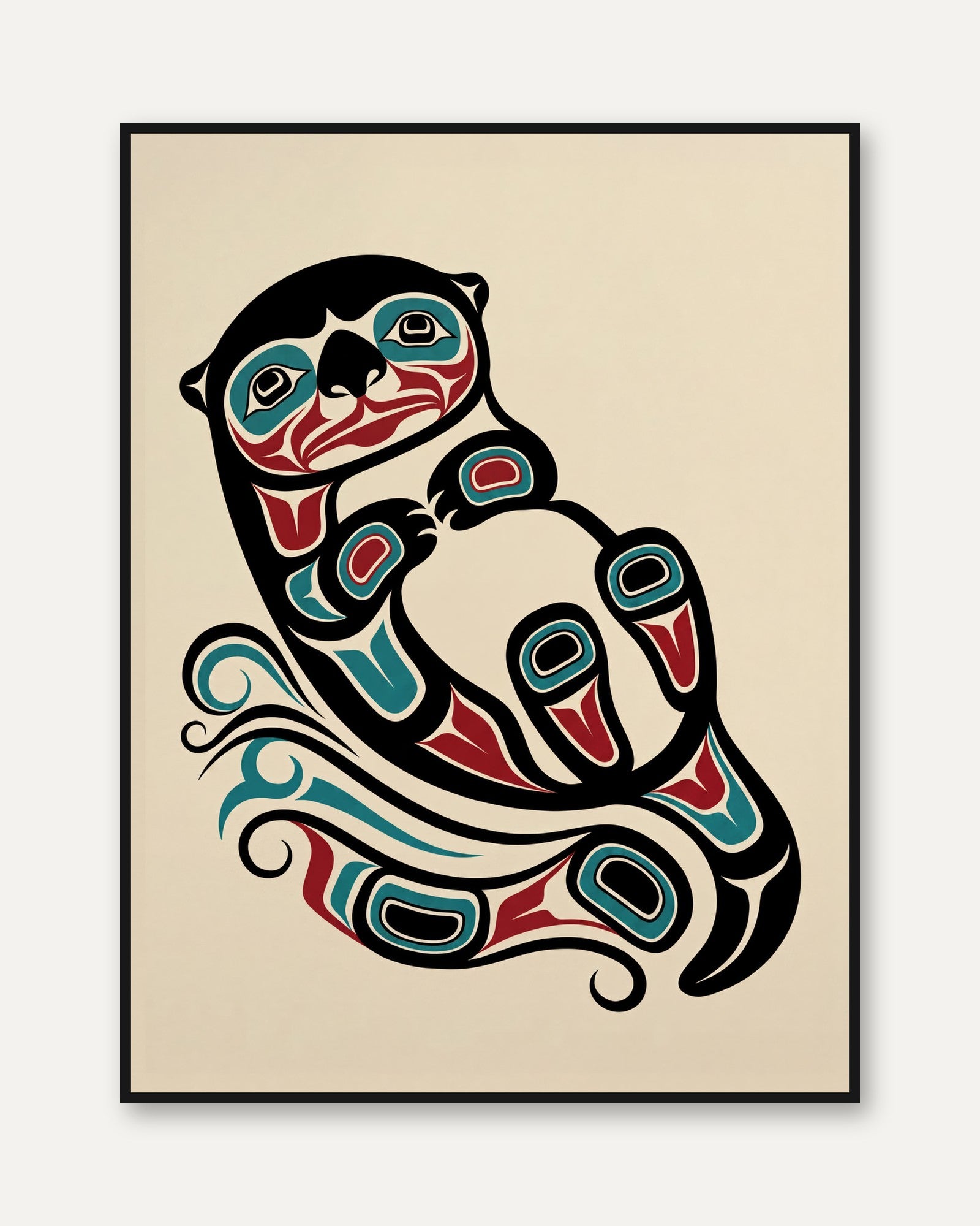 Otter Art Print: Pacific Northwest Coast Formline (Teal and Red) - framed