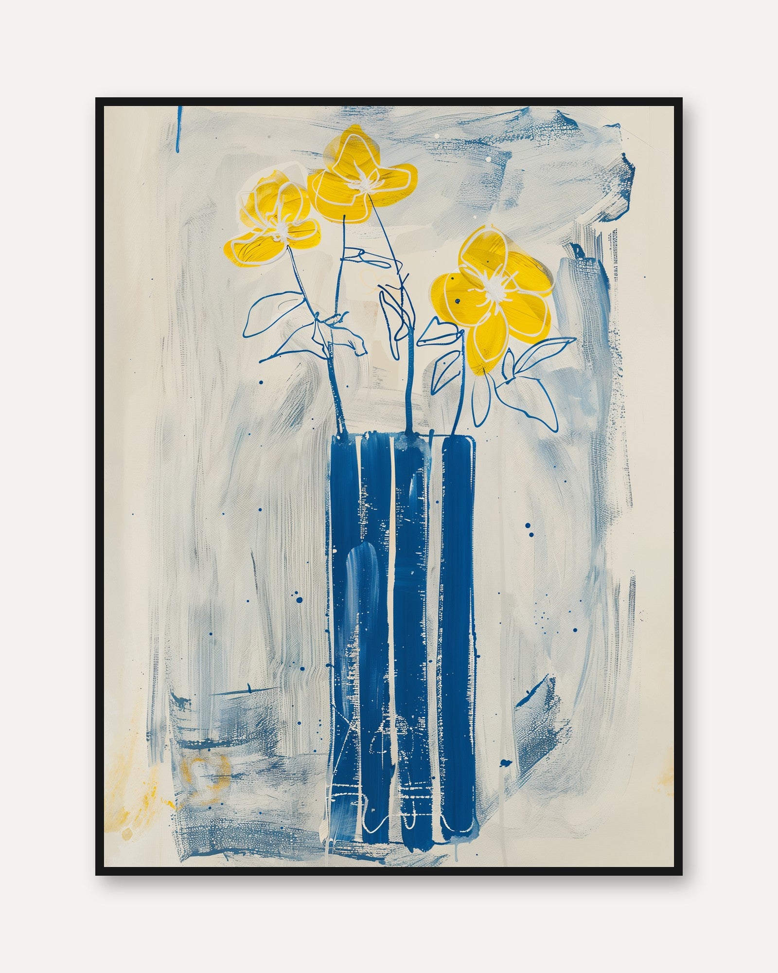 Floral Wall Art Print: Yellow Flowers and Blue Vase (Abstract Style) - framed