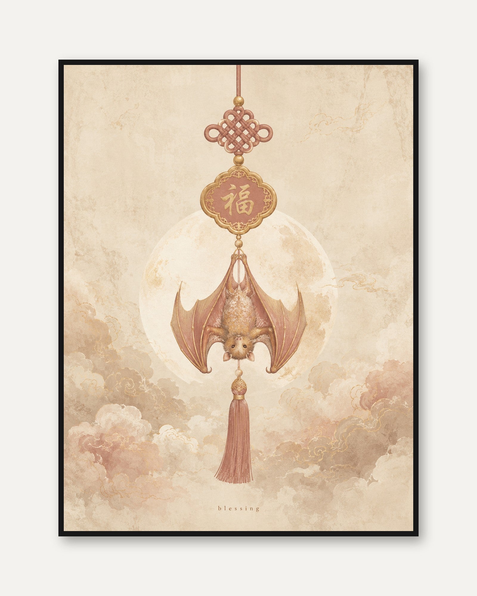 Chinese Bat Wall Art – Feng Shui Print - framed