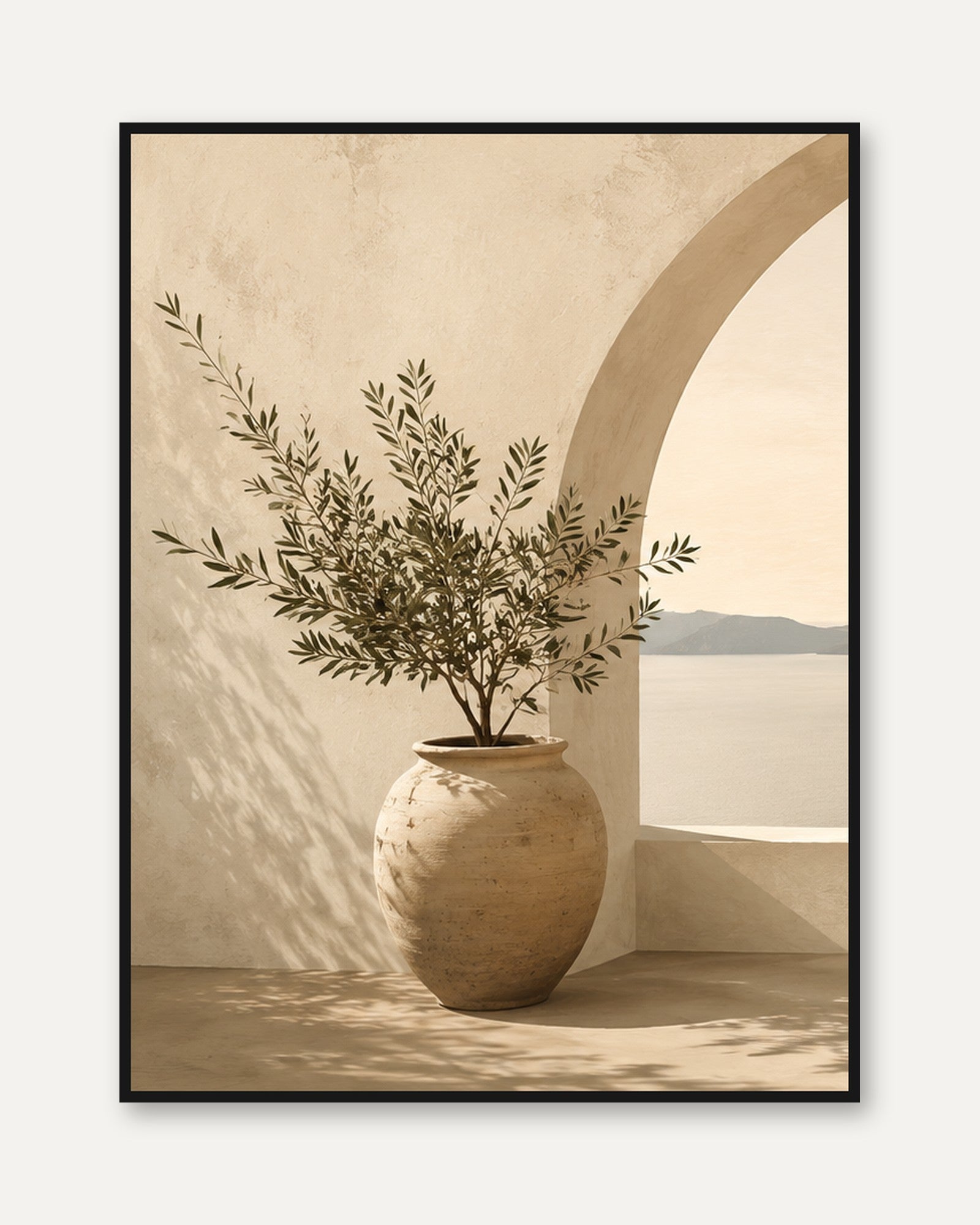 Mediterranean Olive Branch Vase: Minimalist Neutral Wall Art - framed
