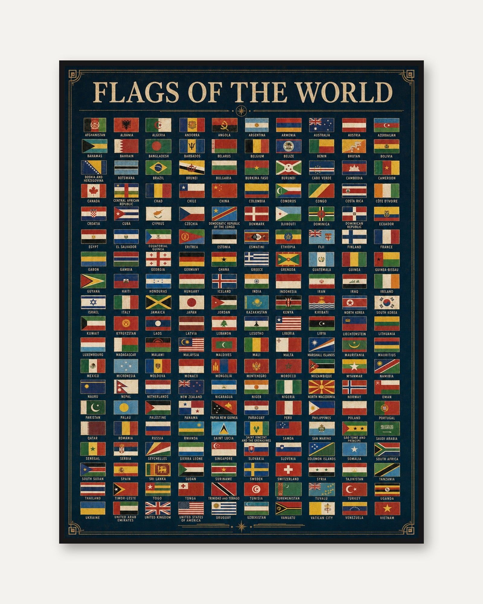 Flags of the World Chart: Vintage Educational Reference Poster - framed