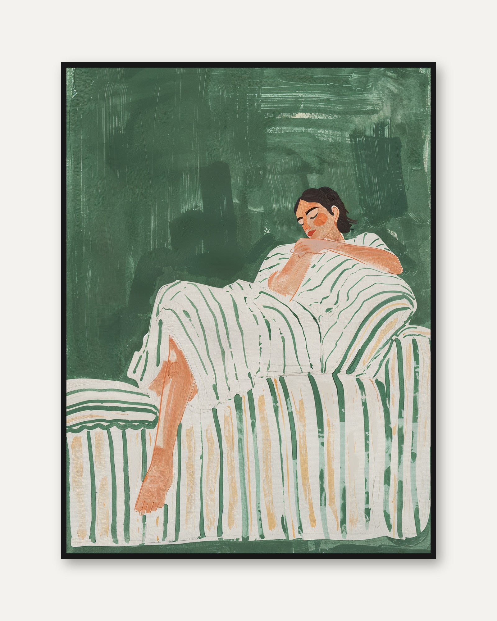 Resting Woman Art Print: Modern Green Striped Poster (Various Sizes) - framed