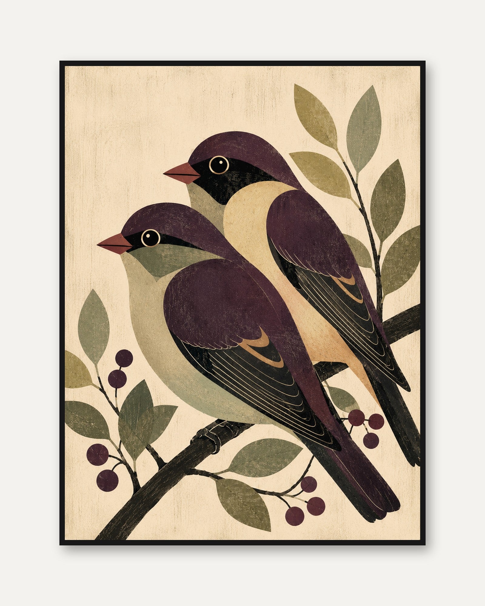 Folk Art Birds Print: Vintage Purple Finch Pair on Branch - framed