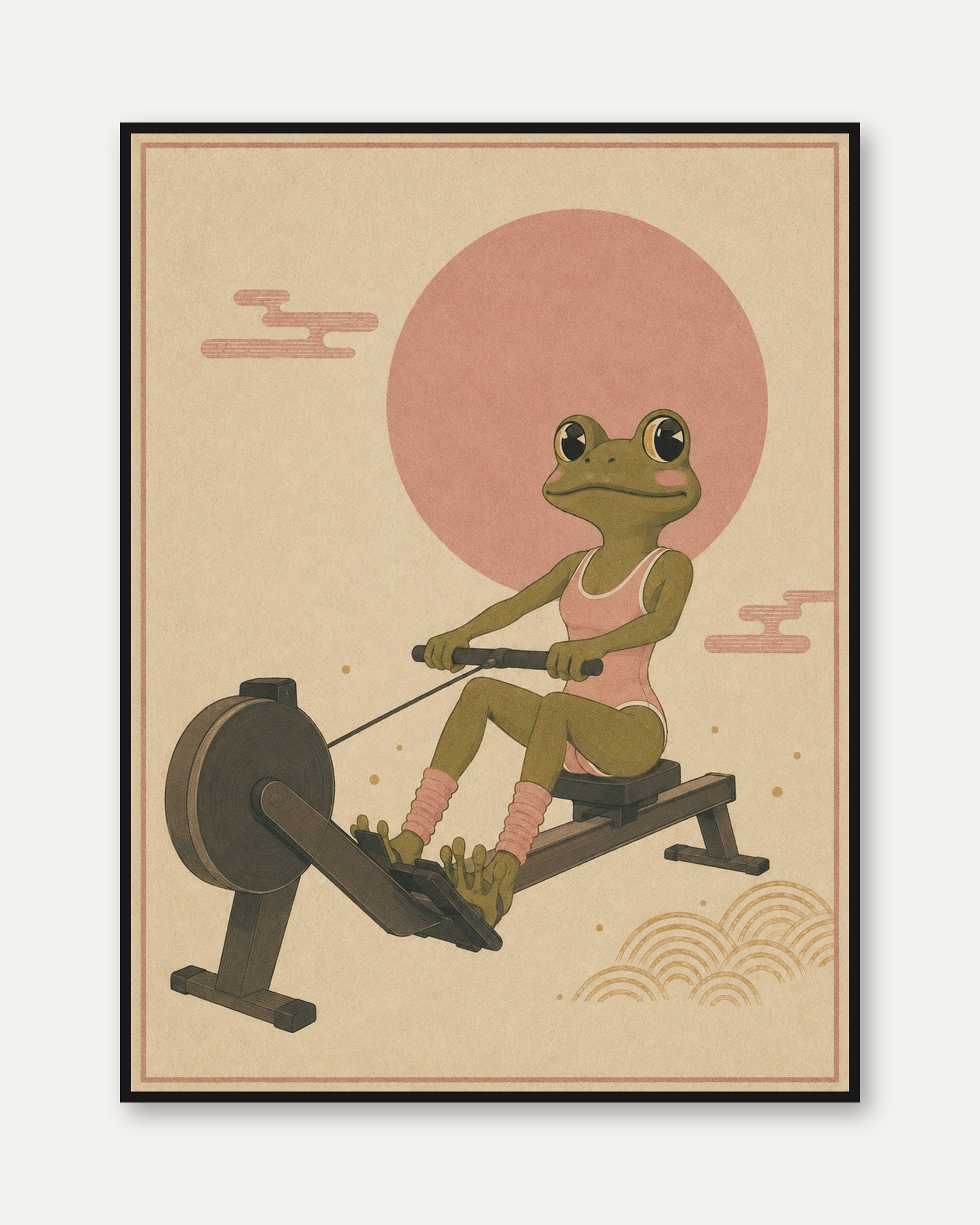 Frog on Rowing Machine Print: Japanese Vintage Illustration - framed