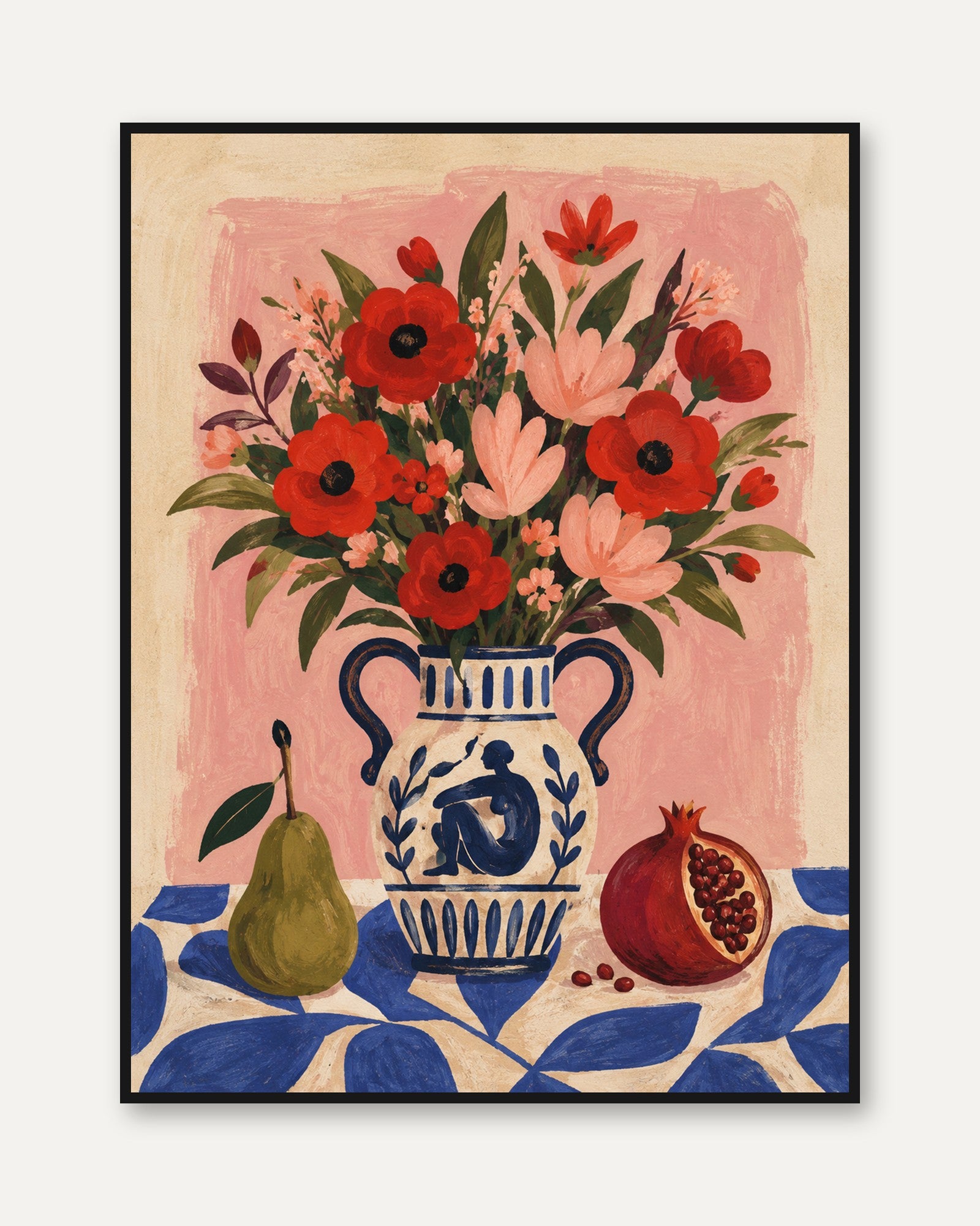Floral Vase Wall Art – Folk Art Flowers Print - framed